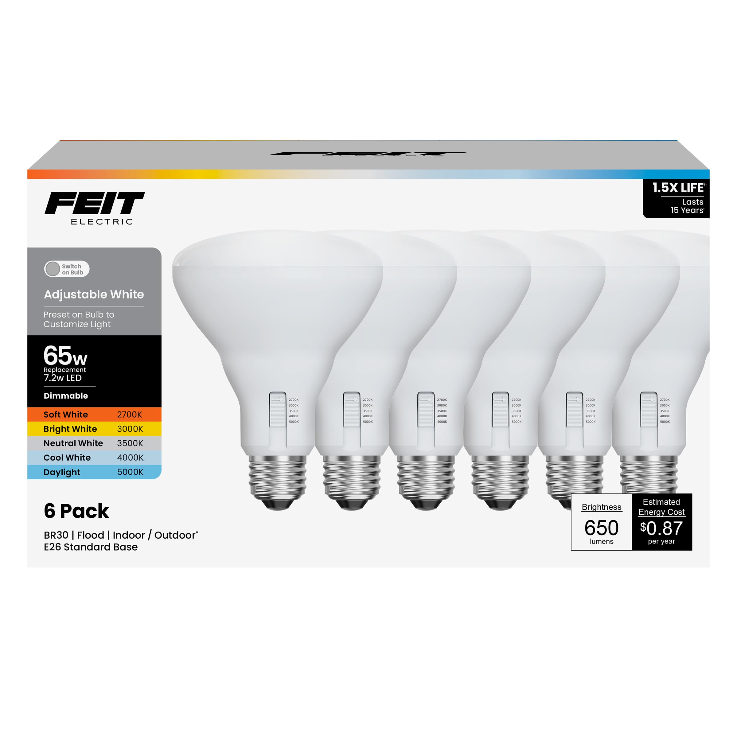Feit Electric BR30 LED Flood Light Bulb  65W Equivalent  Dimmable  5CCT  Adjustable White  650 Lumens  Indoor/Outdoor Residential & Commercial Use  17 000-Hour Lifespan  BR3065DM5CCTCA15K/6  6-Pack