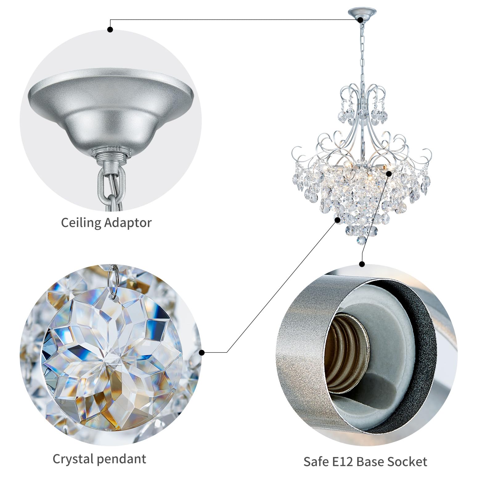 ANJIADENGSHI Crystal Chandelier, K9 Crystal, 28" High x 23" Wide, Silver, Model CL-0019S, 10 E12 Bulbs, Elegant