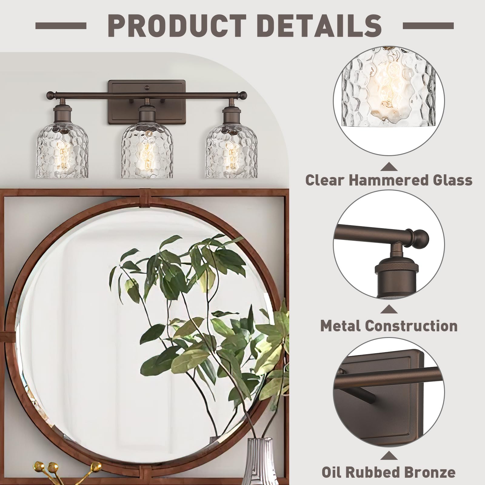 zeyu 3-Light Farmhouse Vanity Light - Hammered Glass, Oil-Rubbed Bronze Finish, 21-inch, Model ZJF63B-3W ORB
