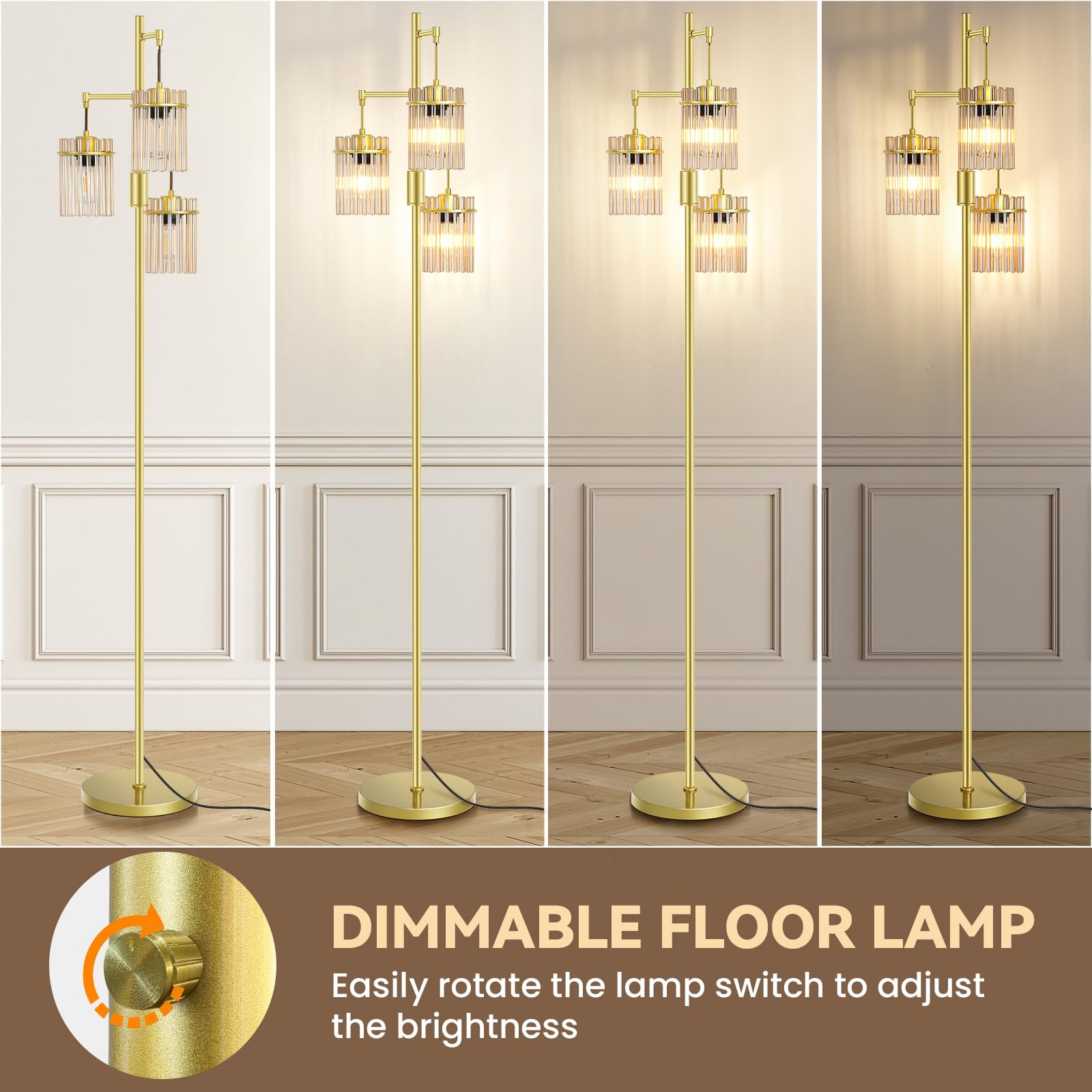 VOUTOORO Dimmable Glass Floor Lamp - 65" Tall, Black, Teardrop Cage Head, 800 Lumens LED, Model FL230501-001