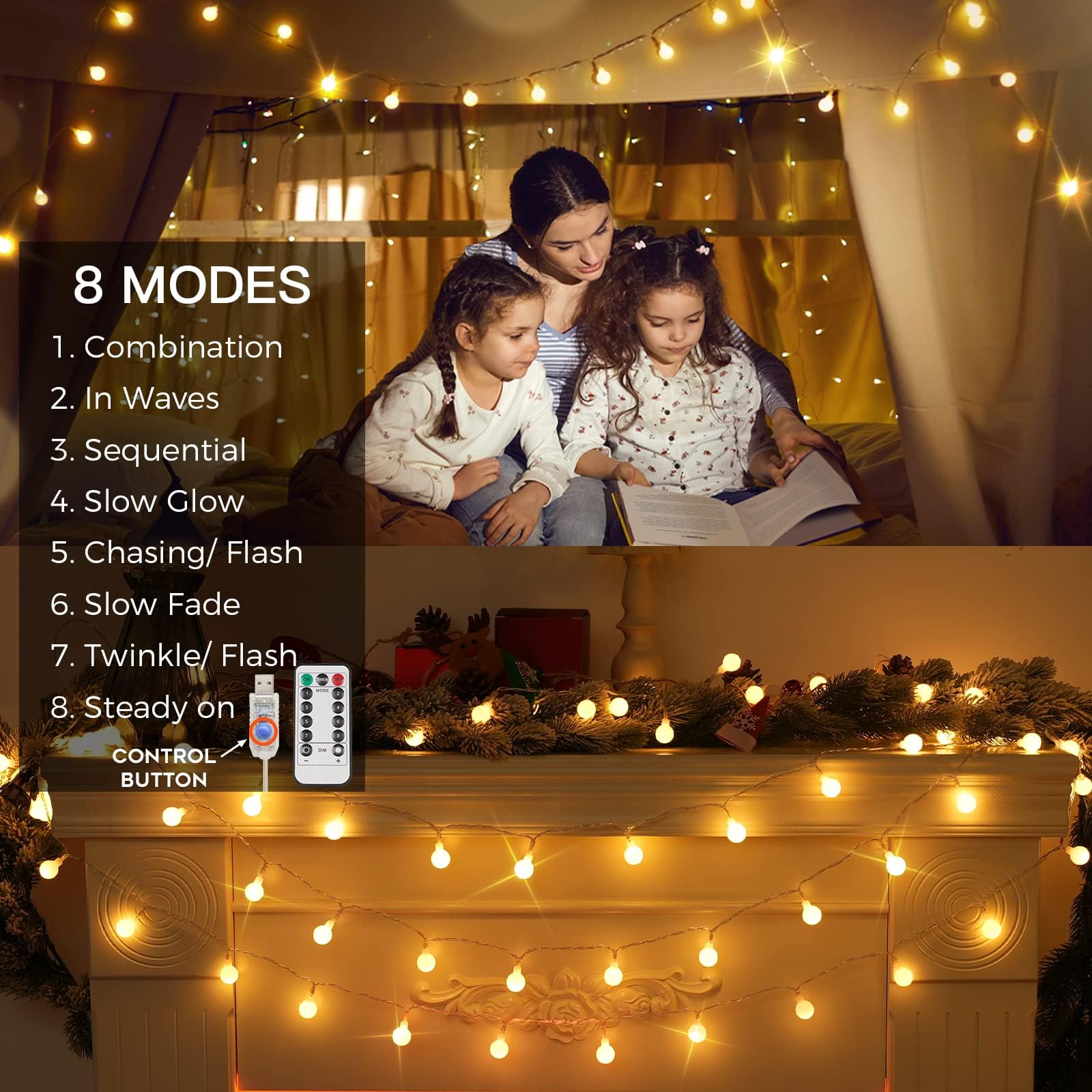 suddus Globe String Lights - 50 LED Warm White Fairy Lights for Indoor/Outdoor Use, Perfect for Christmas, Parties, and Home Decor