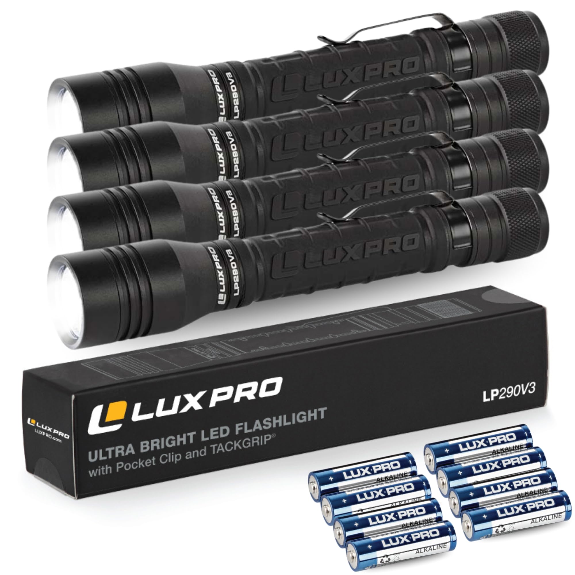 LUXPRO LP290V3 LED Flashlight - 300 Lumens, 3 Light Modes, IPX4 Waterproof, Aluminum - 4 Count Pack, Black