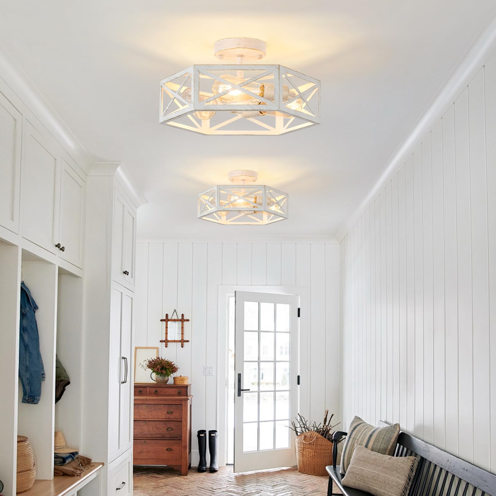 XSDeTu 3-Light Flush Mount Ceiling Light, White Metal Hexagon Cage, Modern Design for Bedroom, Hallway, Kitchen