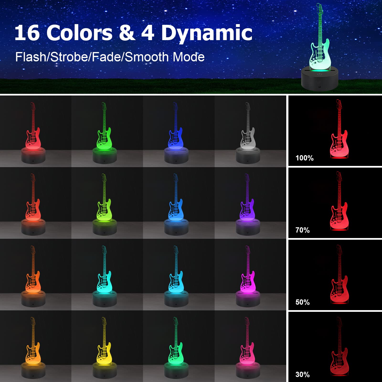 AZIMOM 3D Illusion Lamp Electric Guitar Night Light, Remote Control, 16 Colors, Bedside Decoration for Kids, Multicolor, Model 1