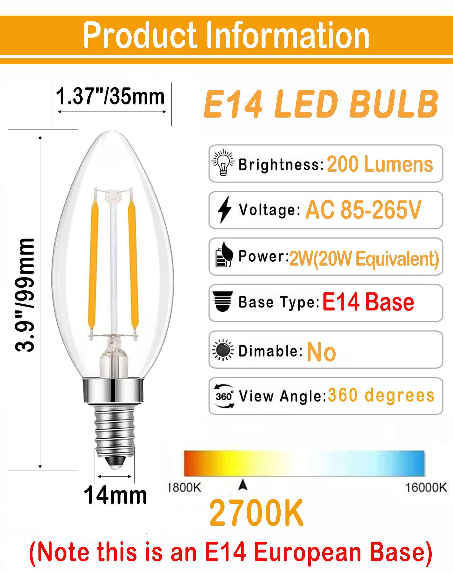 Lamsky E14 LED Filament Bulb, 2W Warm White, 2-Pack, Glass C35 Shape, 20W Incandescent Equivalent