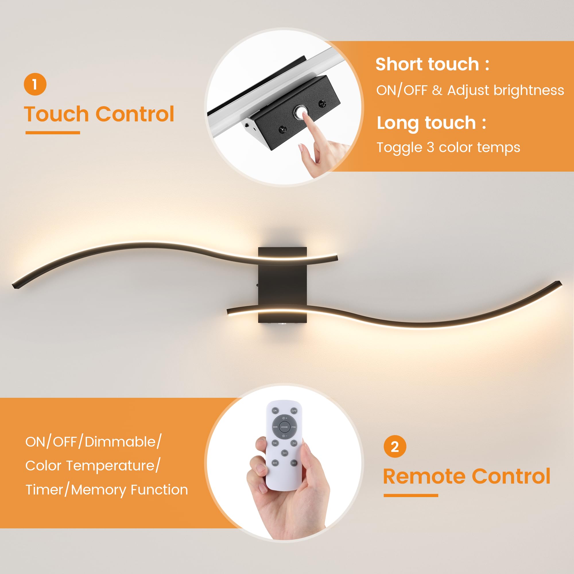 VOLISUN Battery Operated Wall Sconces, 39.4" Dimmable Black Lamps with Remote, Rechargeable, for Living Room, Hallway, Bedroom