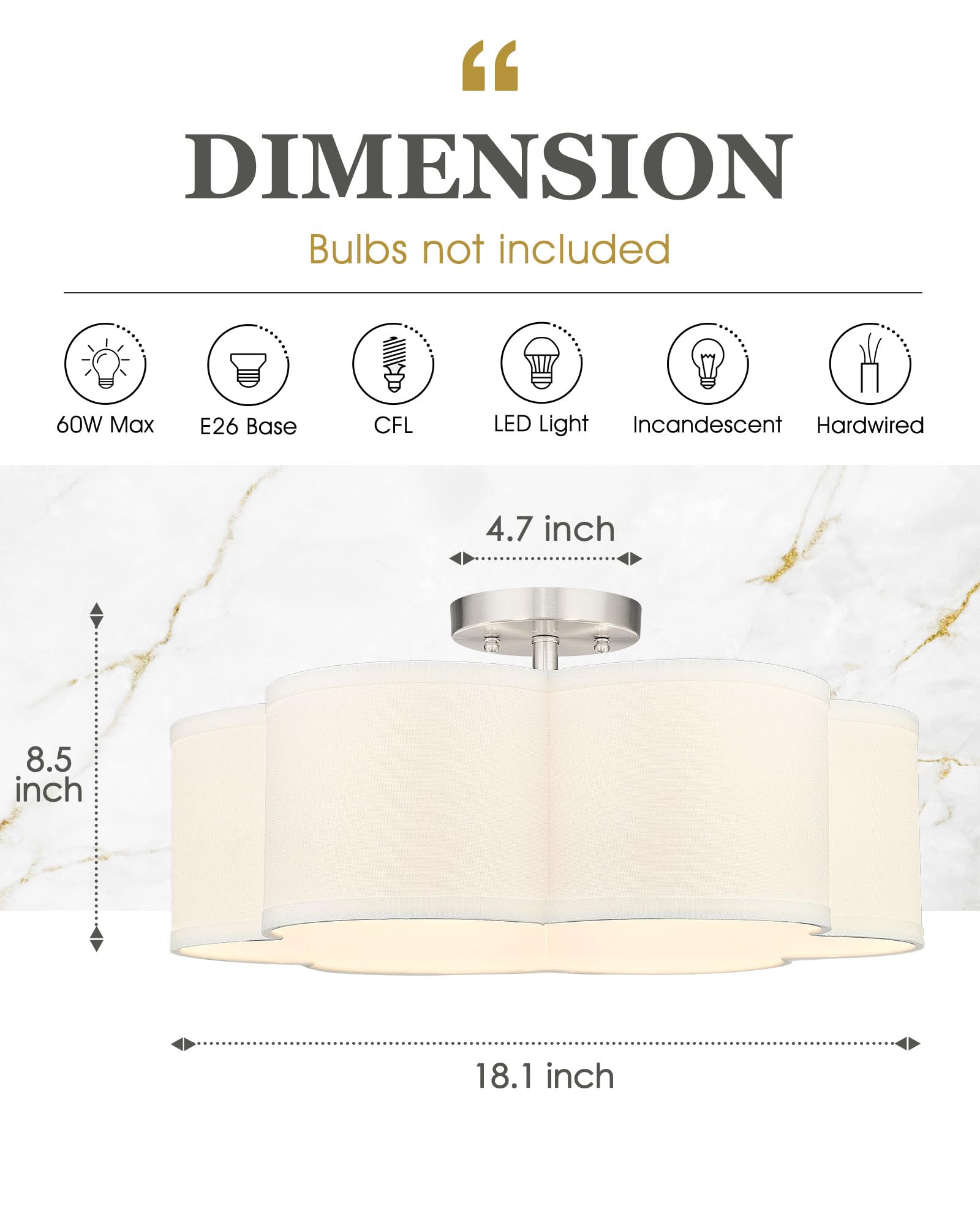 Audickic Semi Flush Mount Ceiling Light, 6-Light 18'' Ceiling Light Fixtures With Fabric Drum Shade In Flower Shape, Brushed Nic