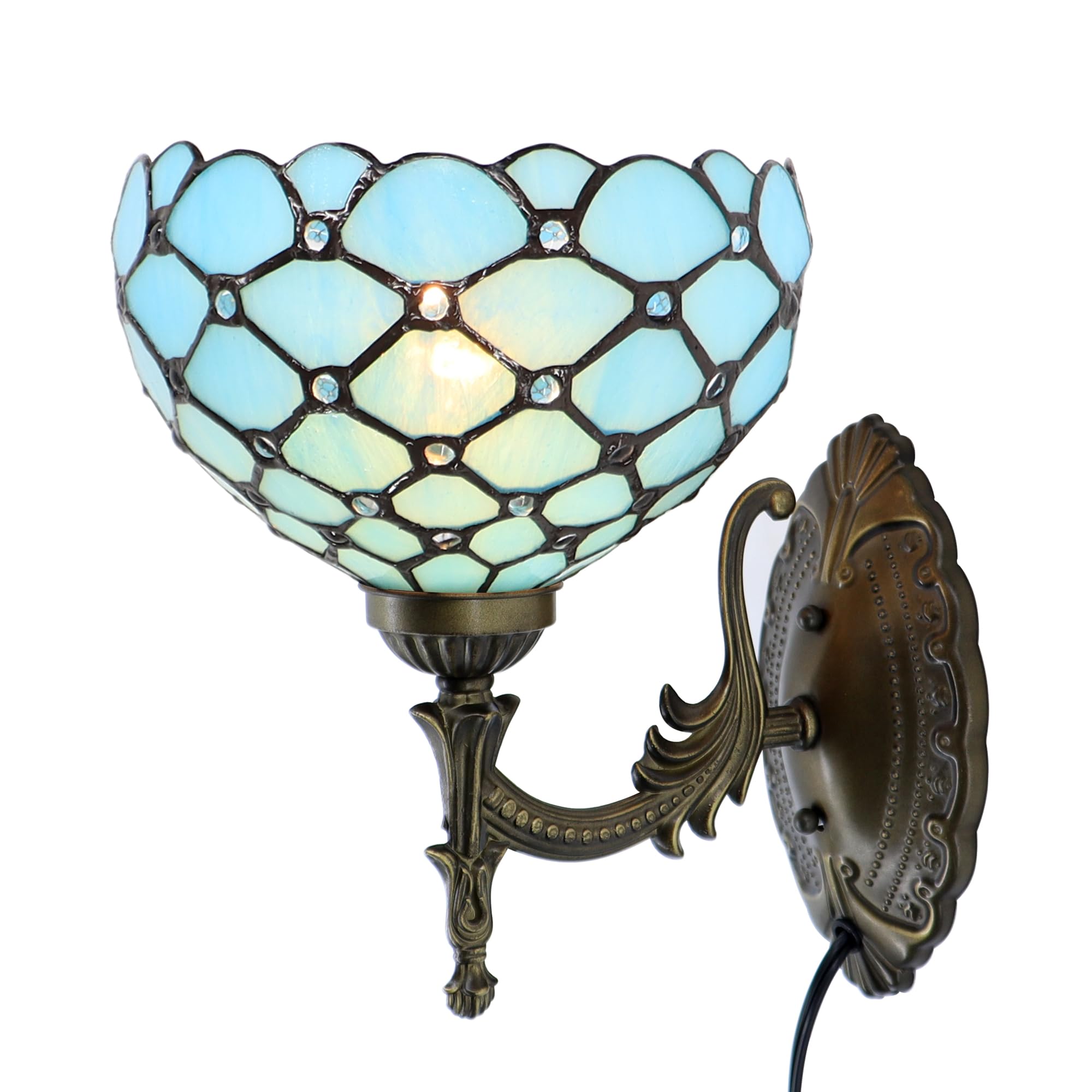 HWDFEI Tiffany Sconce Lamp Stained Glass Wall Lamp,8X10.5X11 Inch Plug in Wall Bedside Light for Hallway Bedroom (Sea Blue Beads