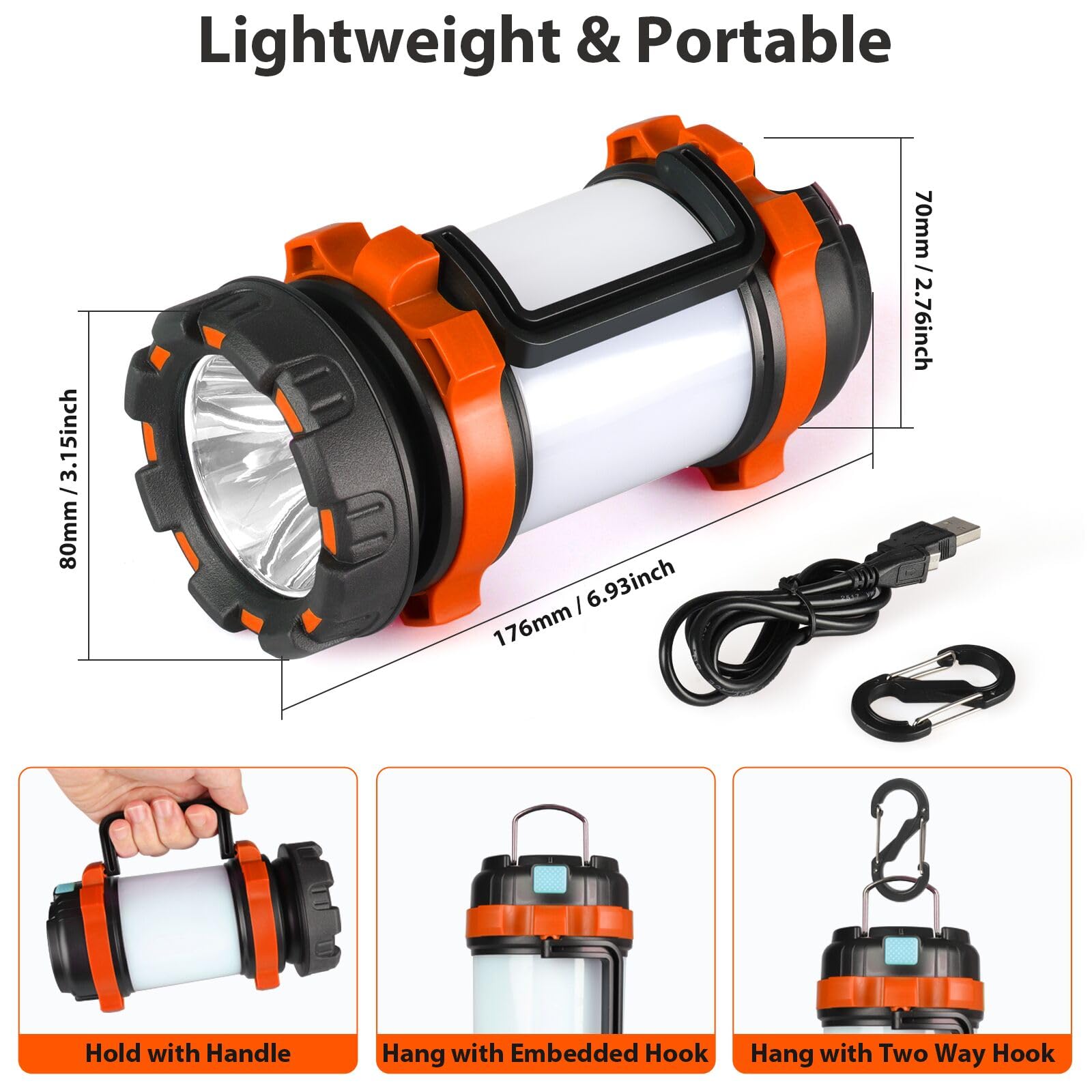 BOBKID 2 Pack Camping Lantern, 1000LM LED, Rechargeable, IPX5 Waterproof, 4000mAh Power Bank, Orange, Model KJ-1296