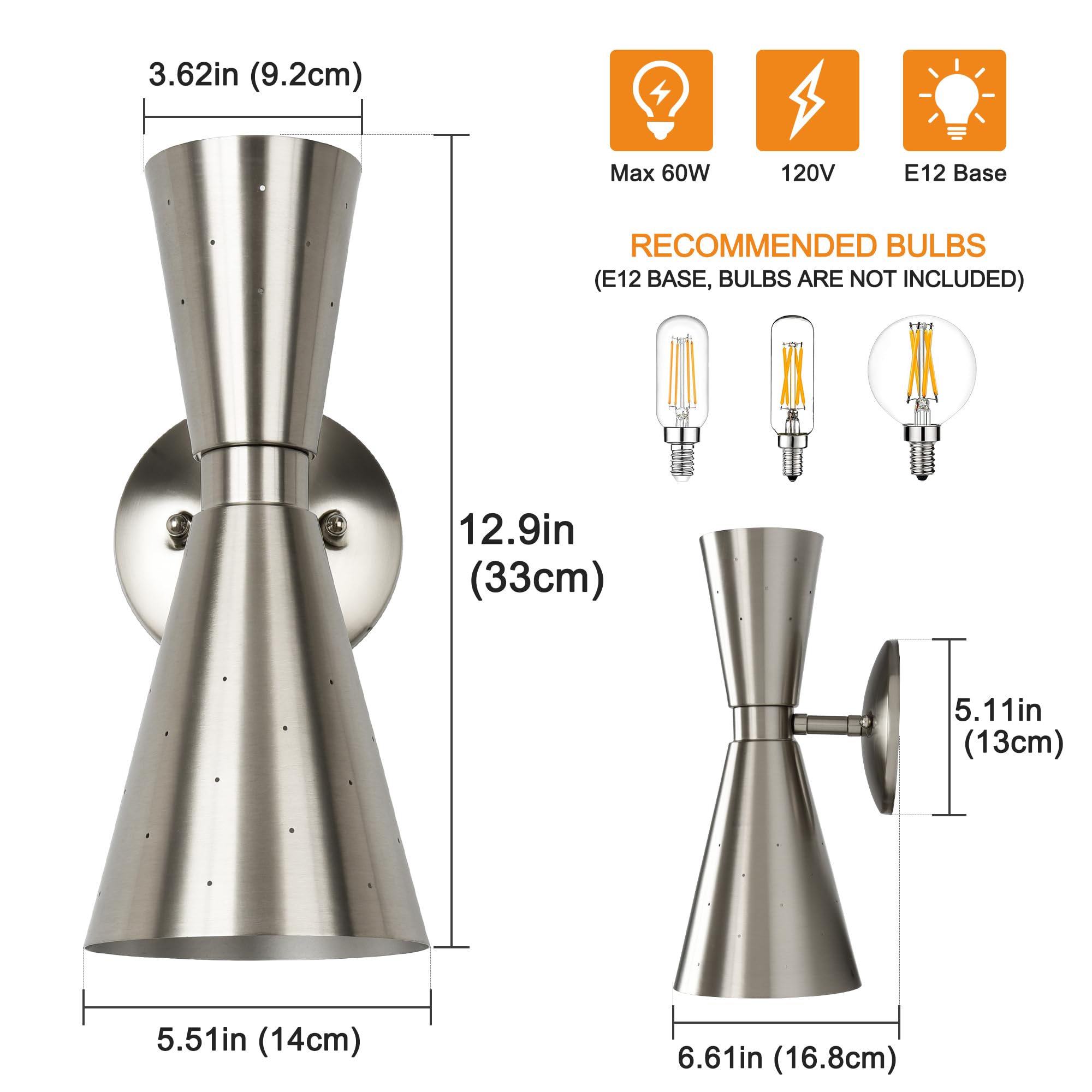 Merbotin Brushed Nickel Wall Sconce, Modern Sconce Wall Lighting Mid-Century Hardwired Wall Light Bedside E12 Industrial Metal W