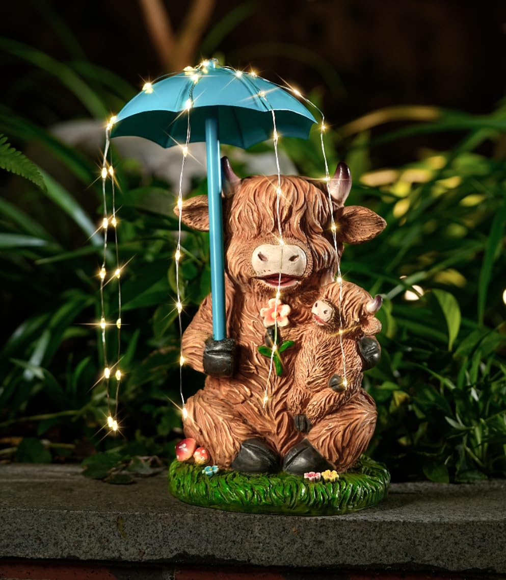 Joint Honglin Solar Garden Statues Resin Loving Highland Cow Umbrella Lights Outdoor Decor Gifts for Yard, Patio Decorations