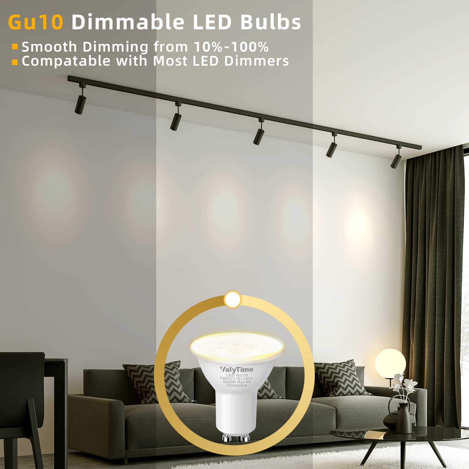 Valytime Dimmable GU10 LED Bulbs 7W Equivalent, 4 Pack, Natural White 4000K, Aluminum with Plastic, 650Lm for Indoor Lighting