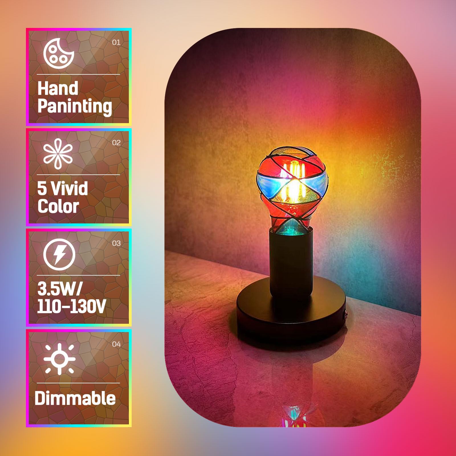 Hompavo Dimmable LED Stained Glass Light Bulb, Hand-Painted A19 3.5W, 2 Pack, Colorful for Party, Halloween, Christmas, Home Decor