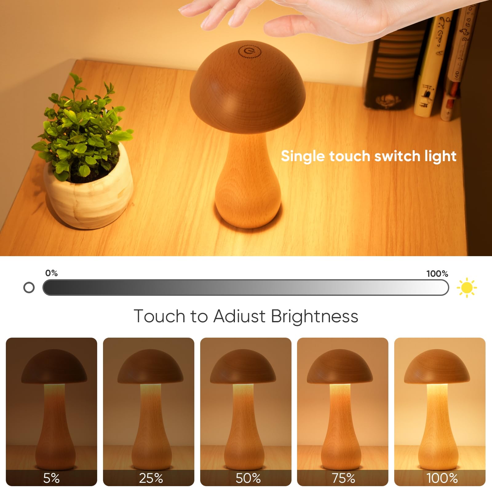 Wooden Small Mushroom Lamp, Touch Switch Cordless Table Lamp For Nightstand, Rechargeable Battery Operated Night Light, 360 Degr