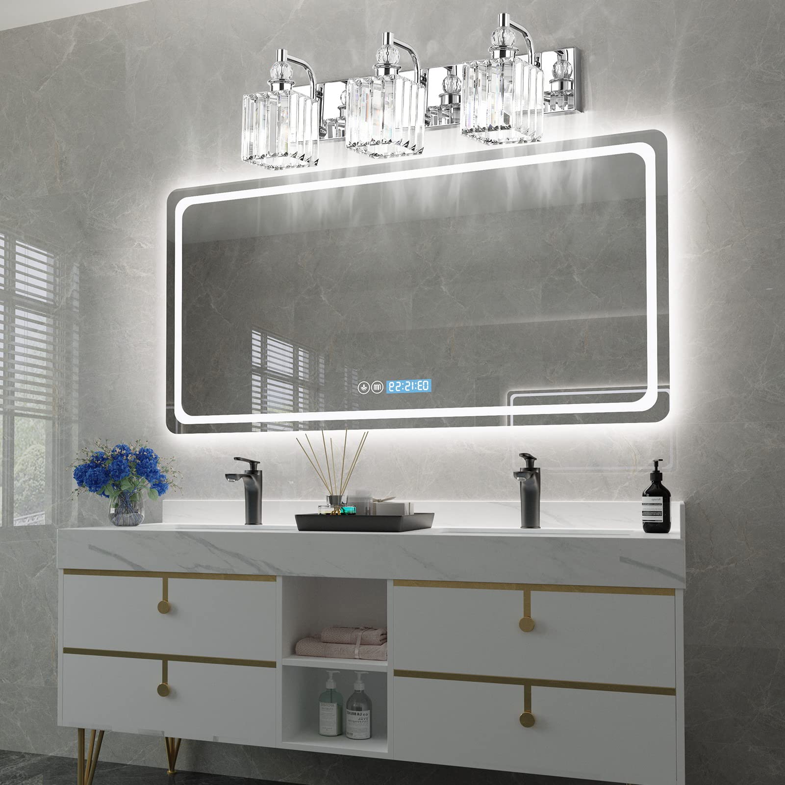 Ralbay 3-Light Crystal Vanity Light, 24 Chrome Stainless Steel, Model 8606 For Bathroom Wall Lighting