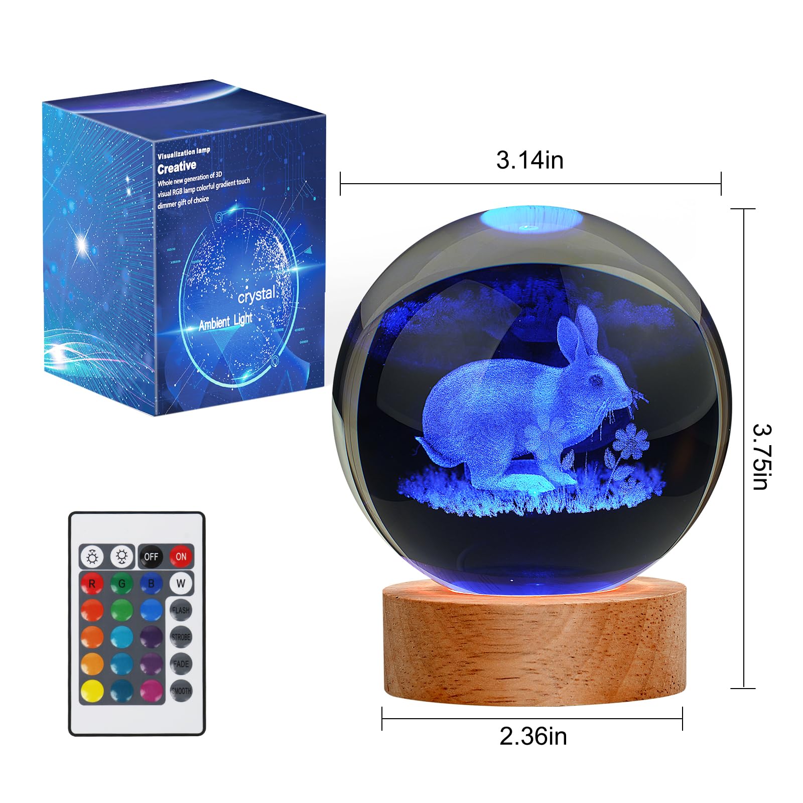 JANARARY 3D Bunny Night Light, Crystal Rabbit Lamp, 16 Color Changing, Remote Control, Bedroom Decor, Bunny with Flower