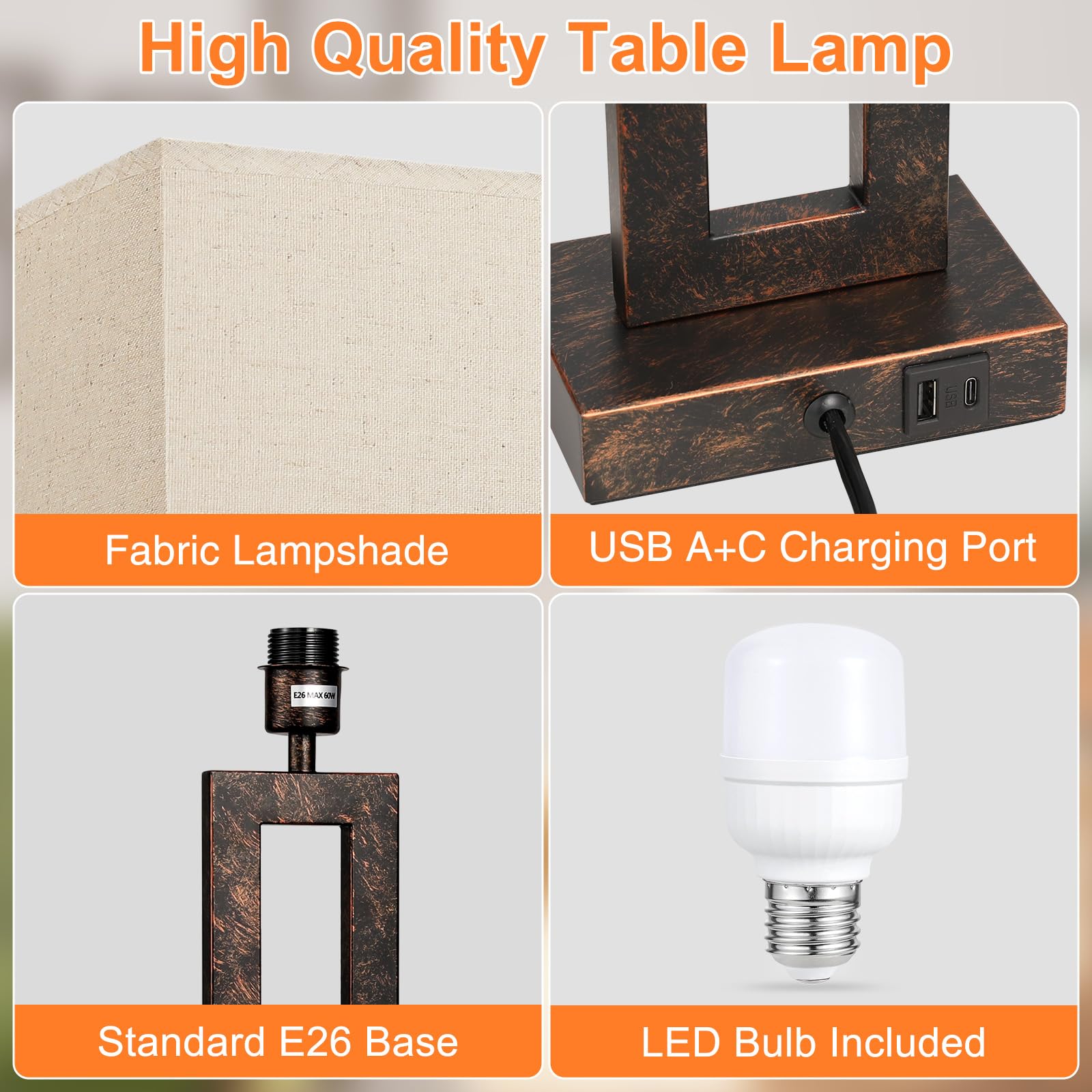 22'' Tall Modern Bedside Lamps - Touch Usb C+A, 3 Way Dimmable Set Of 2 For Night Stands & End Tables (Beige & Brown)
