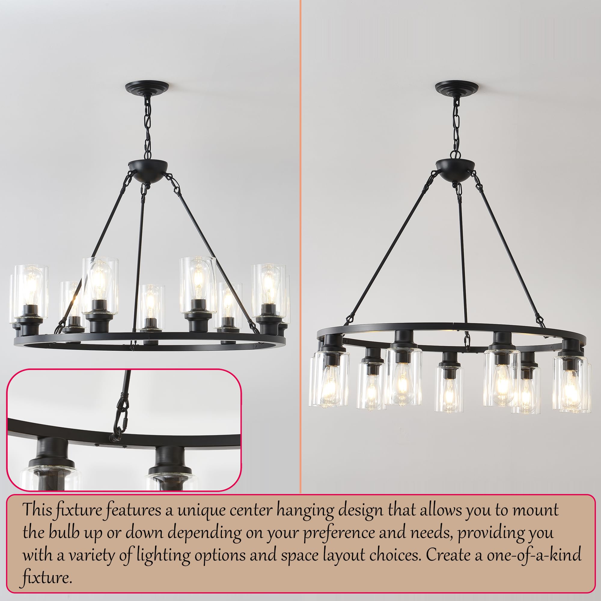 Jtyp 32 Black Wagon Wheel Chandelier, 9-Light Farmhouse Glass Pendant Lights Kitchen Island Round Hanging Lighting Fixtures Ceil
