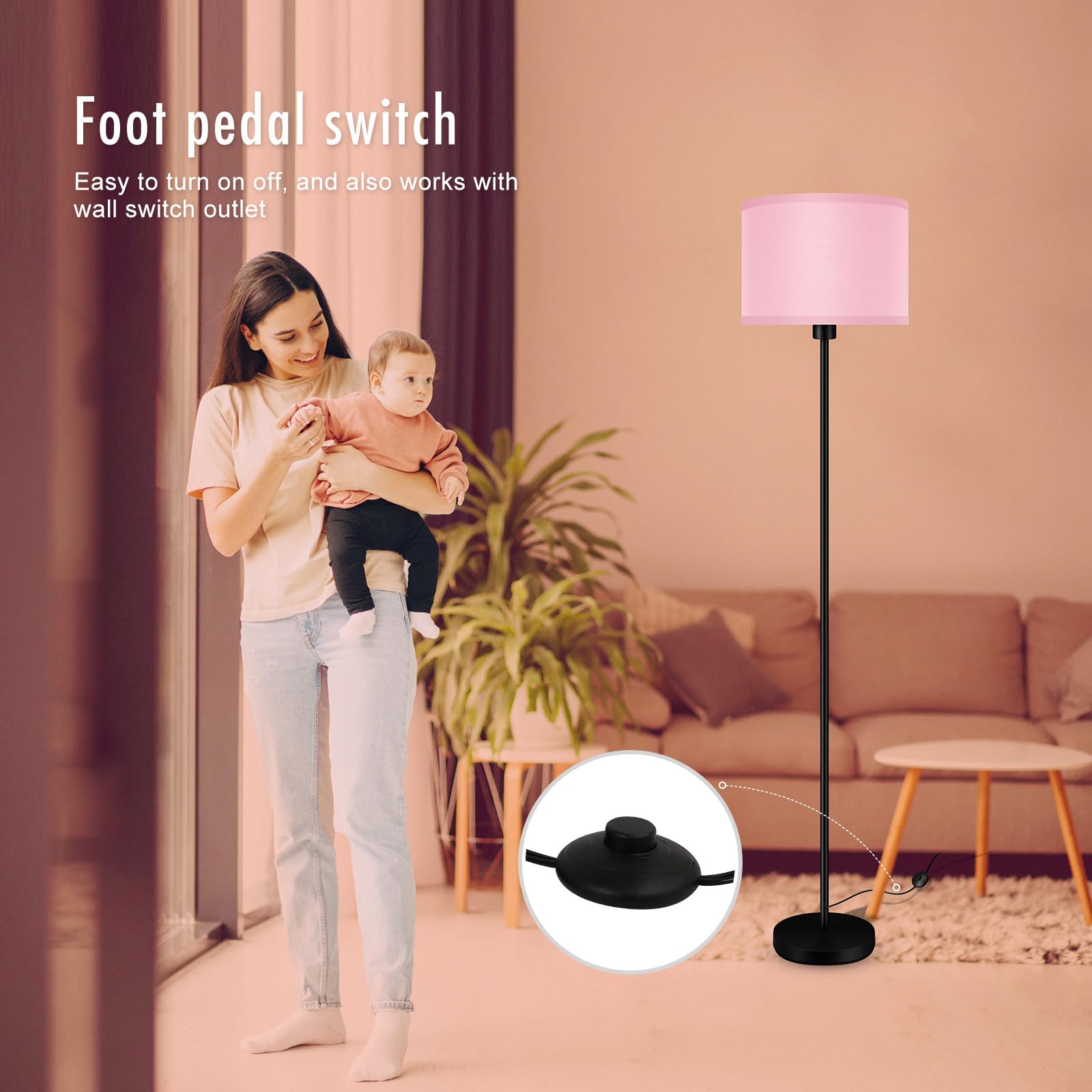 Auquee Floor Lamp Pink, Standing Lamp, Small Floor Lamps With Lampshade, 59'' Tall Lamps For Bedroom, Foot Switch, Simple Corner