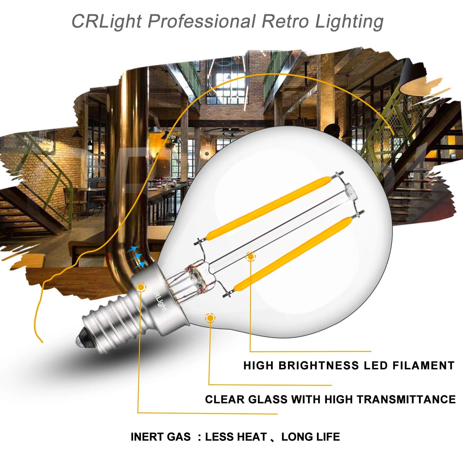 Crlight 2W Dimmable G16 Led Bulb 30W Equivalent Soft White, 8 Pack Vintage Edison Filament