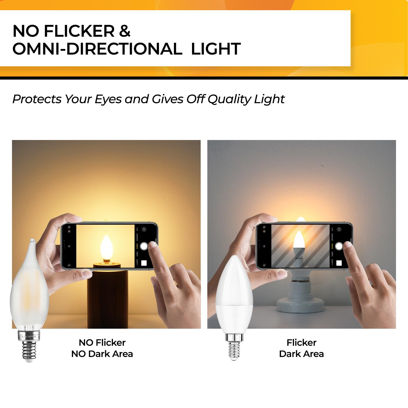 Hizashi 60W LED Dimmable Candelabra Bulbs, 2700K Soft White, Flame Tip CA11, 550LM, UL Listed, 6 Pack