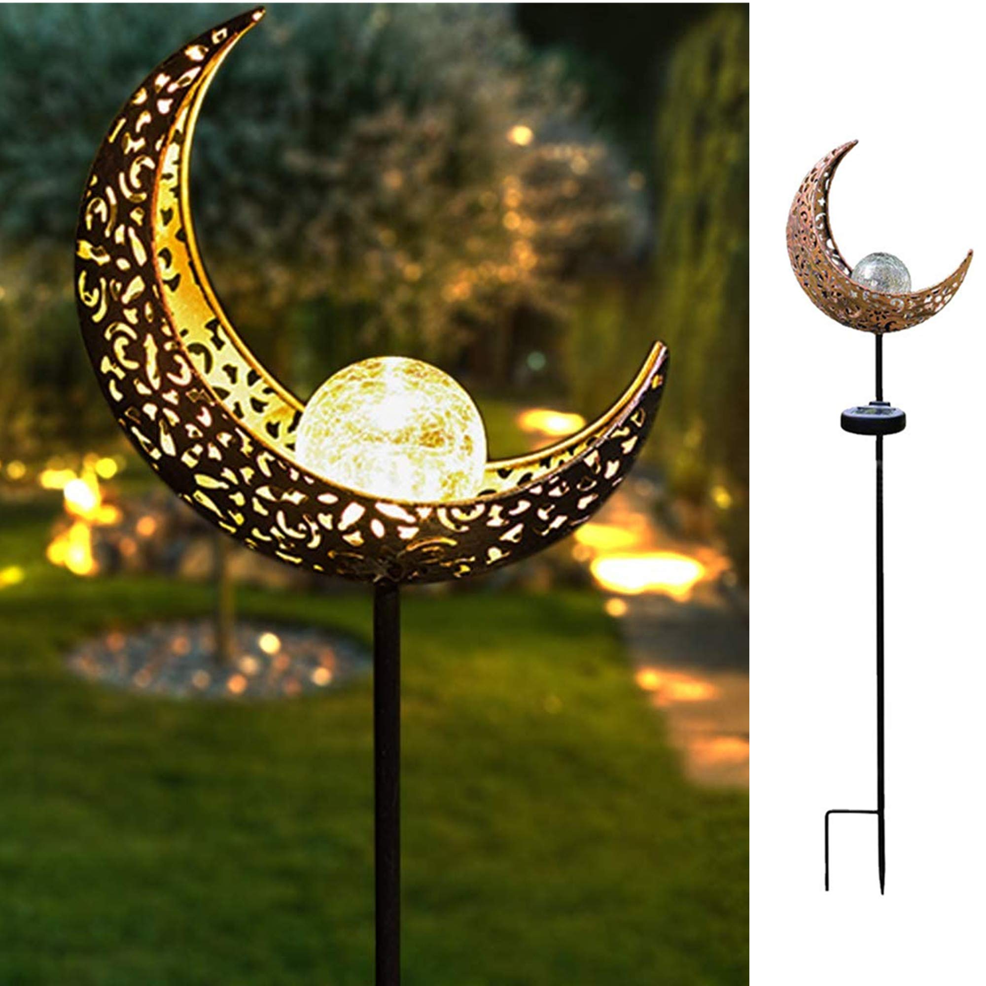HDNICEZM Solar Garden Light Outdoor Decorative, Moon Decor Crackle Glass Globe Garden Stake Metal Lights,Waterproof Warm White L