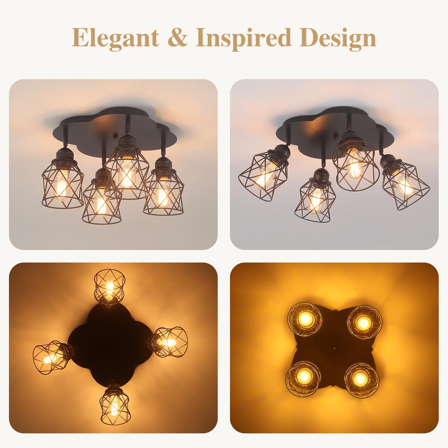 4-Lights Kitchen Light Fixtures Ceiling Mount, Adjustable Multi-Directional Black Flush Mount Ceiling Light Fixture, Vintage Met