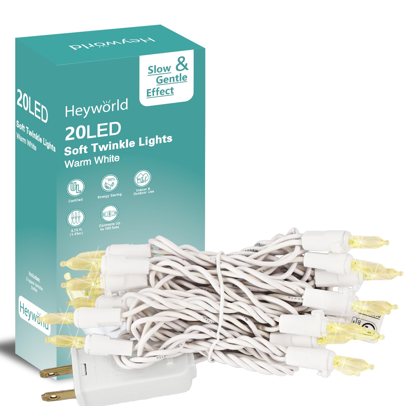 Heyworld Slow Twinkle Lights  20 Led Soft Twinkling Mini Christmas String Lights on White Wire Cord  UL Approved 7 Ft Connect Up to 100 Sets  Indoor Outdoor Use  Warm White