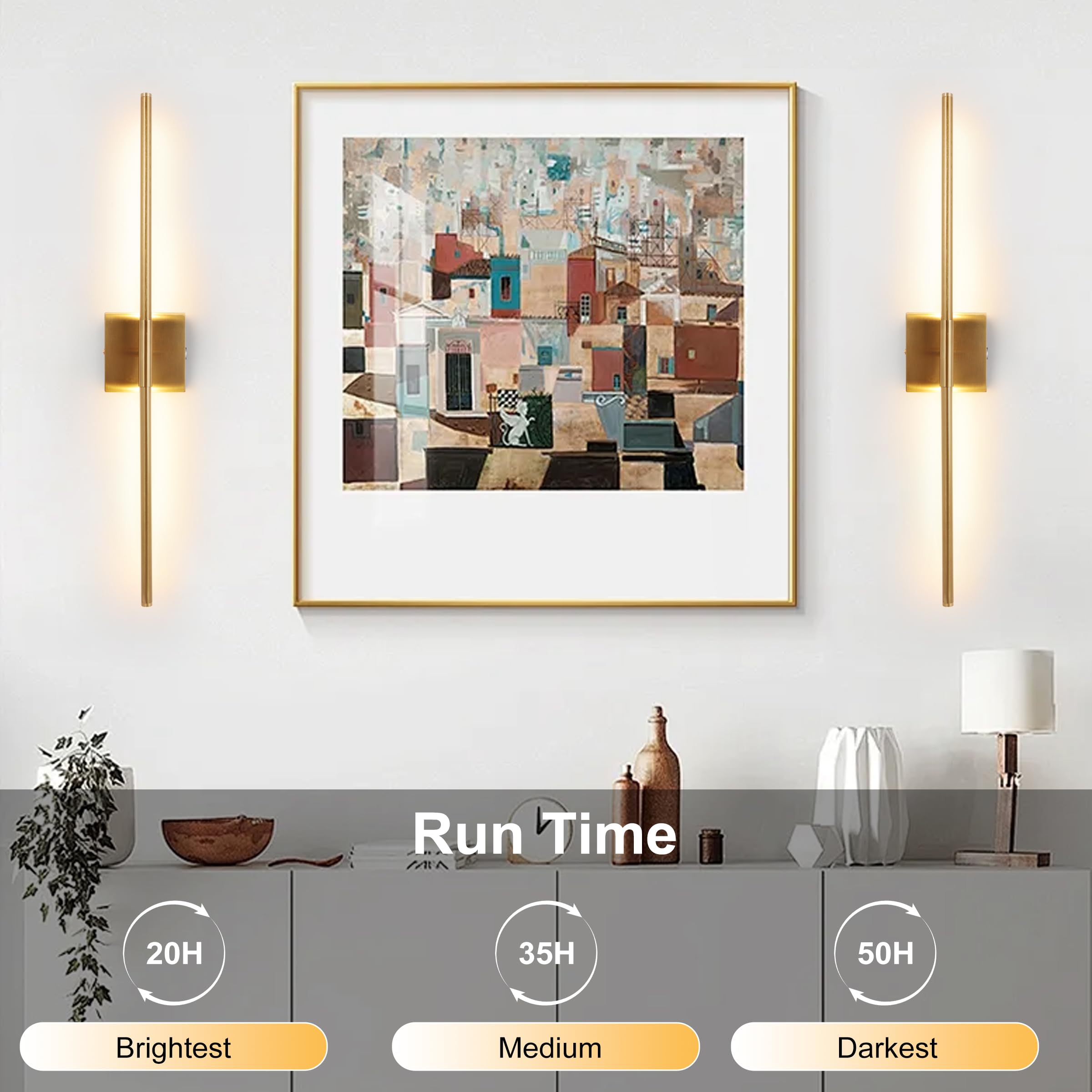 15800 mAh Battery Operated Wall Sconce with Remote Control Dimmable Wall Sconce Set of Two 3000K LED Brass Gold Wireless Wall Li