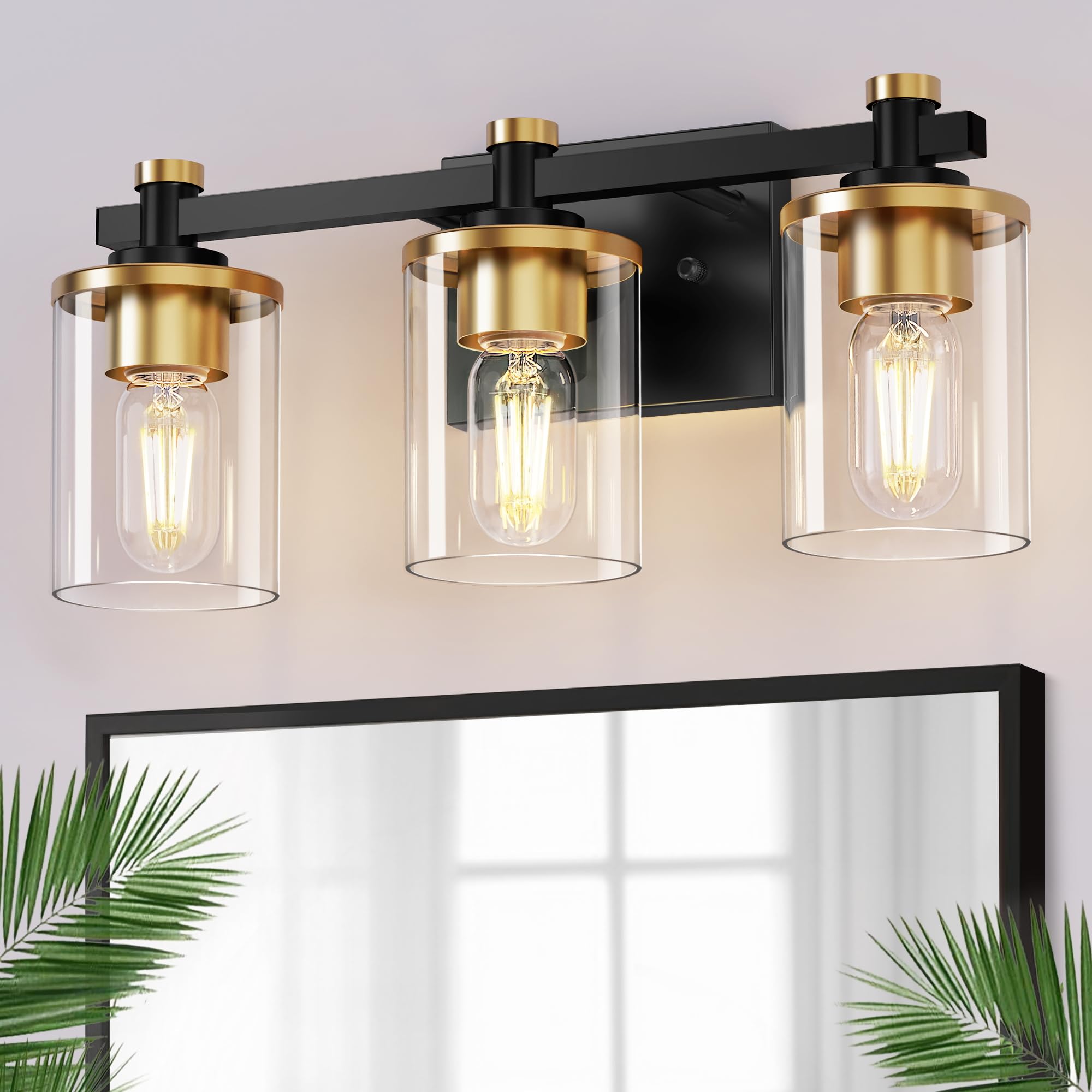 L LOHAS LED 3-Light Bathroom Vanity Light Fixture, Glass Shade, Black and Gold, Model A-JQD06T3GBE26
