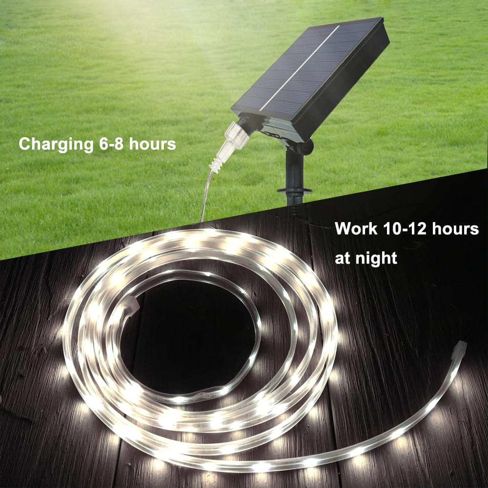BMTJOVO Solar LED Strip Lights, 9.8ft White Waterproof Outdoor Lights with Remote, Timer, 8 Modes, Model BMT03-W