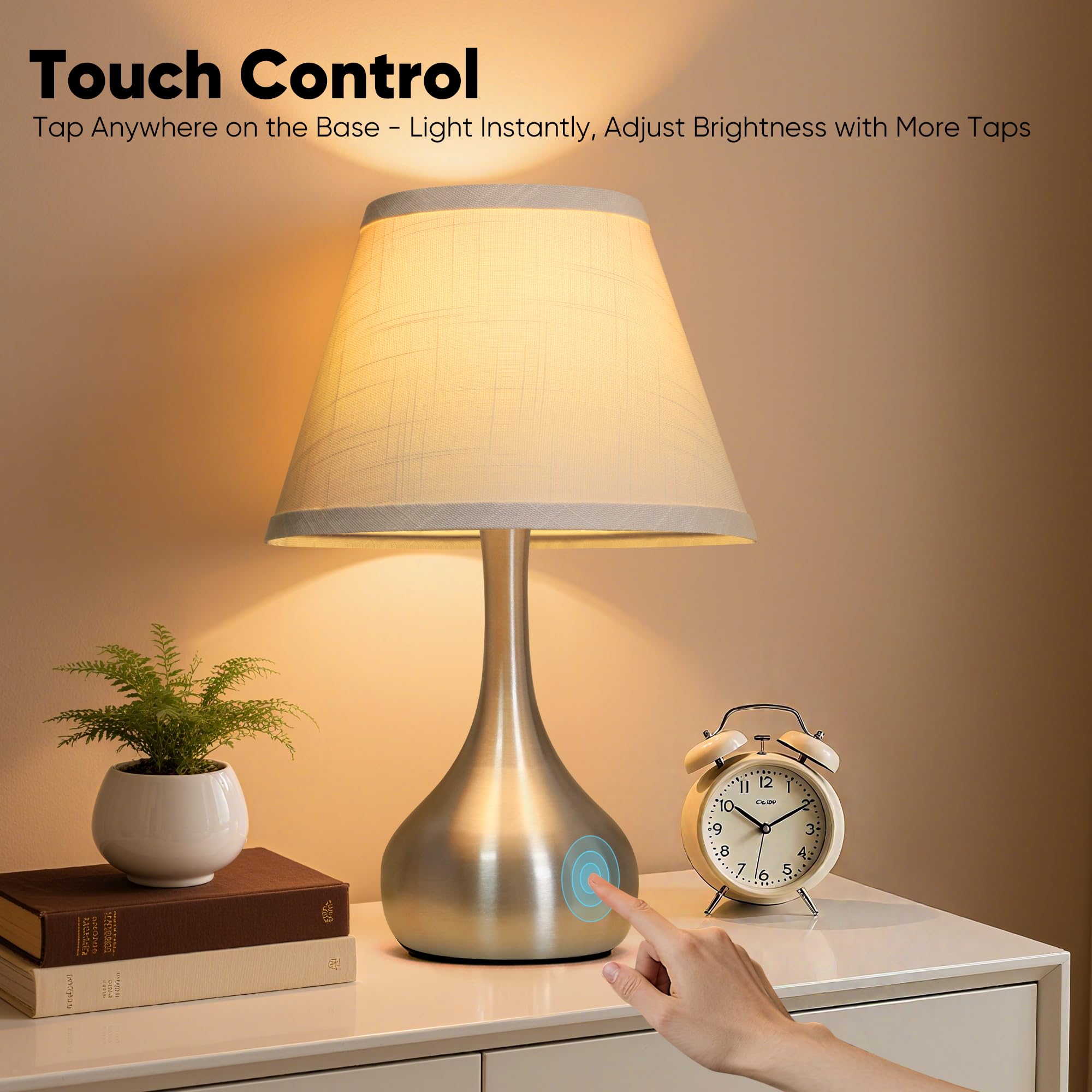 PARTPHONER Touch Table Lamp Set of 2, 3-Way Dimmable, Metal, Nickel, 17” Modern Design, Includes Bulb, Ideal for Bedroom and Office
