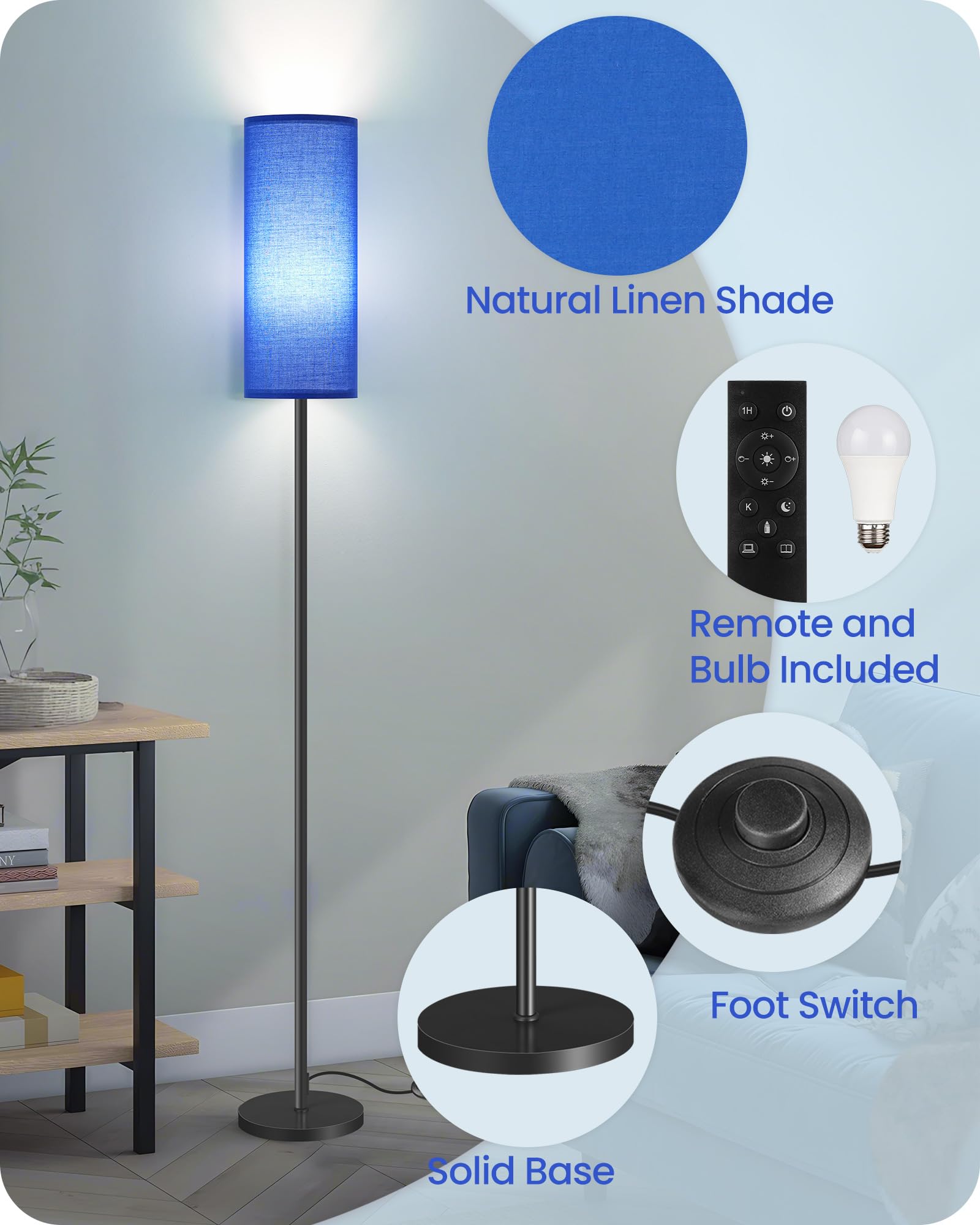 Dimmable Blue Floor Lamp For Living Room With Remote And Foot Switch, Corner Floor Lamp For Bedroom, 66'' Standing Tall Lamp, 10