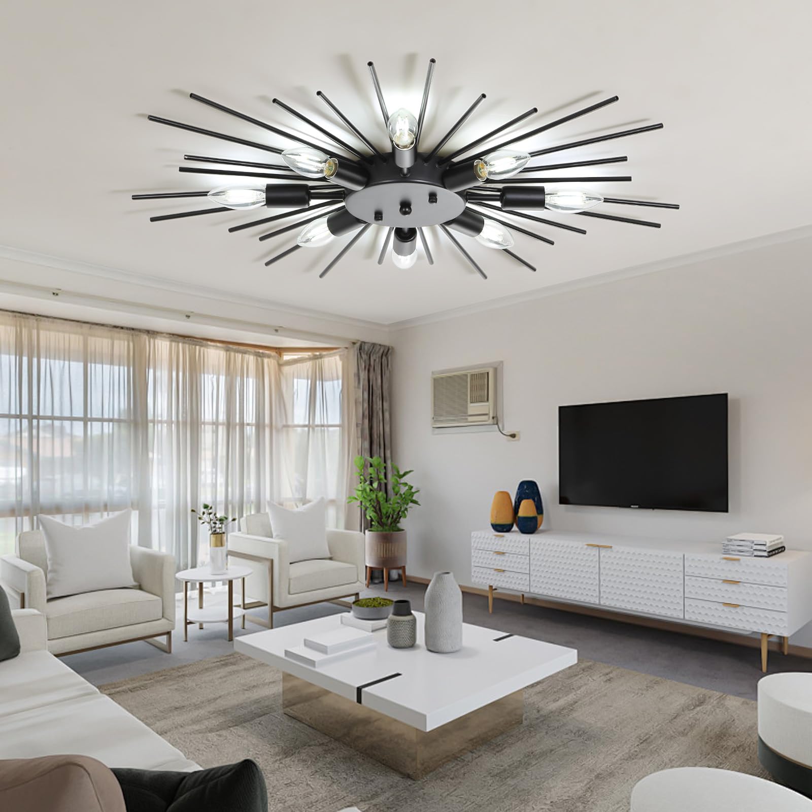Yunnix Semi Flush Mount 8 Lights Satellite Metal Ceiling Light Gold Modern Ceiling Light Dining Room Light Fixture Gold Light Fi