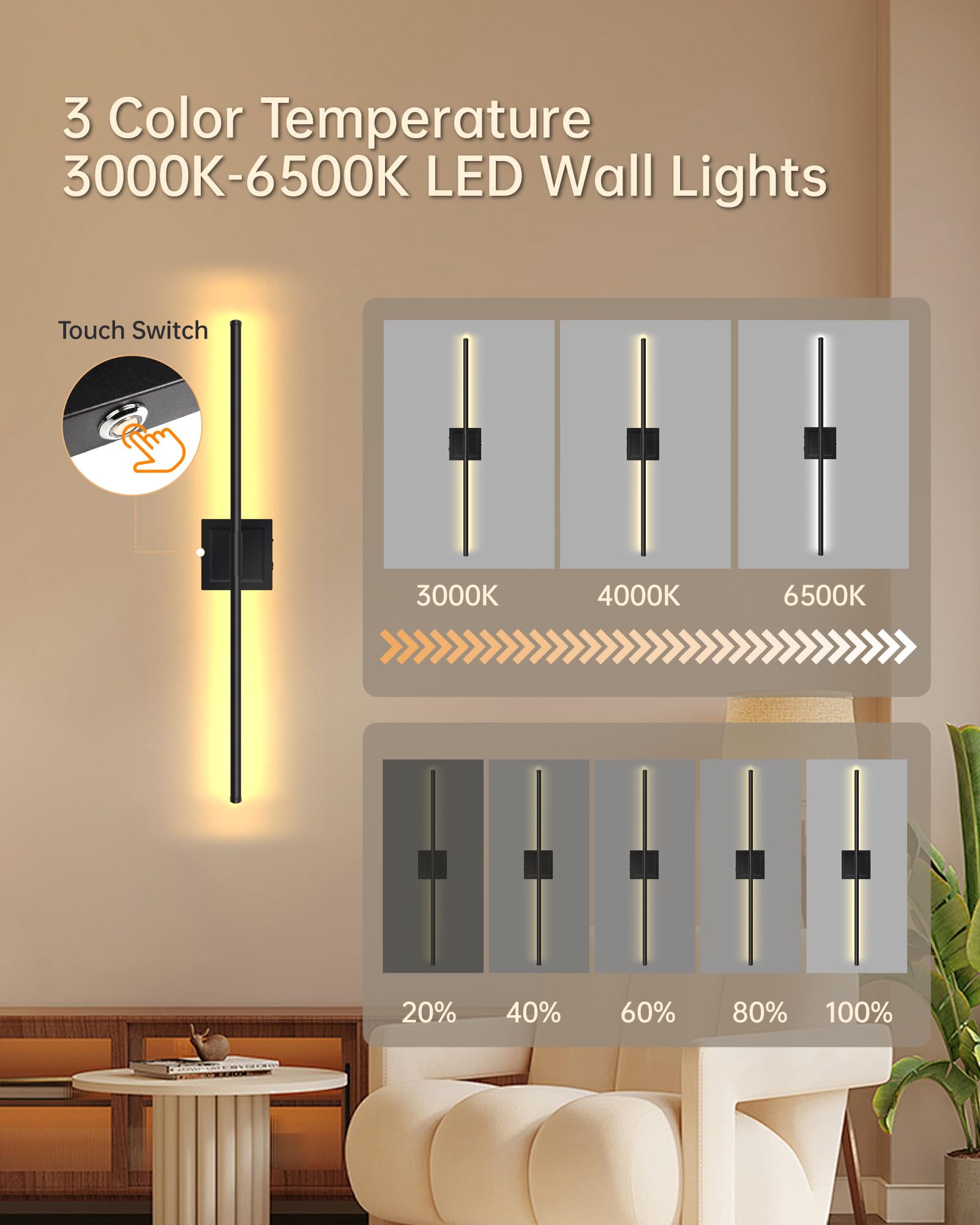 GRATESOLA Battery Operated Wall Sconces Set of Two, Dimmable LED 3000K-6500K, 24.4 Inch, Black, Model BYKX620B