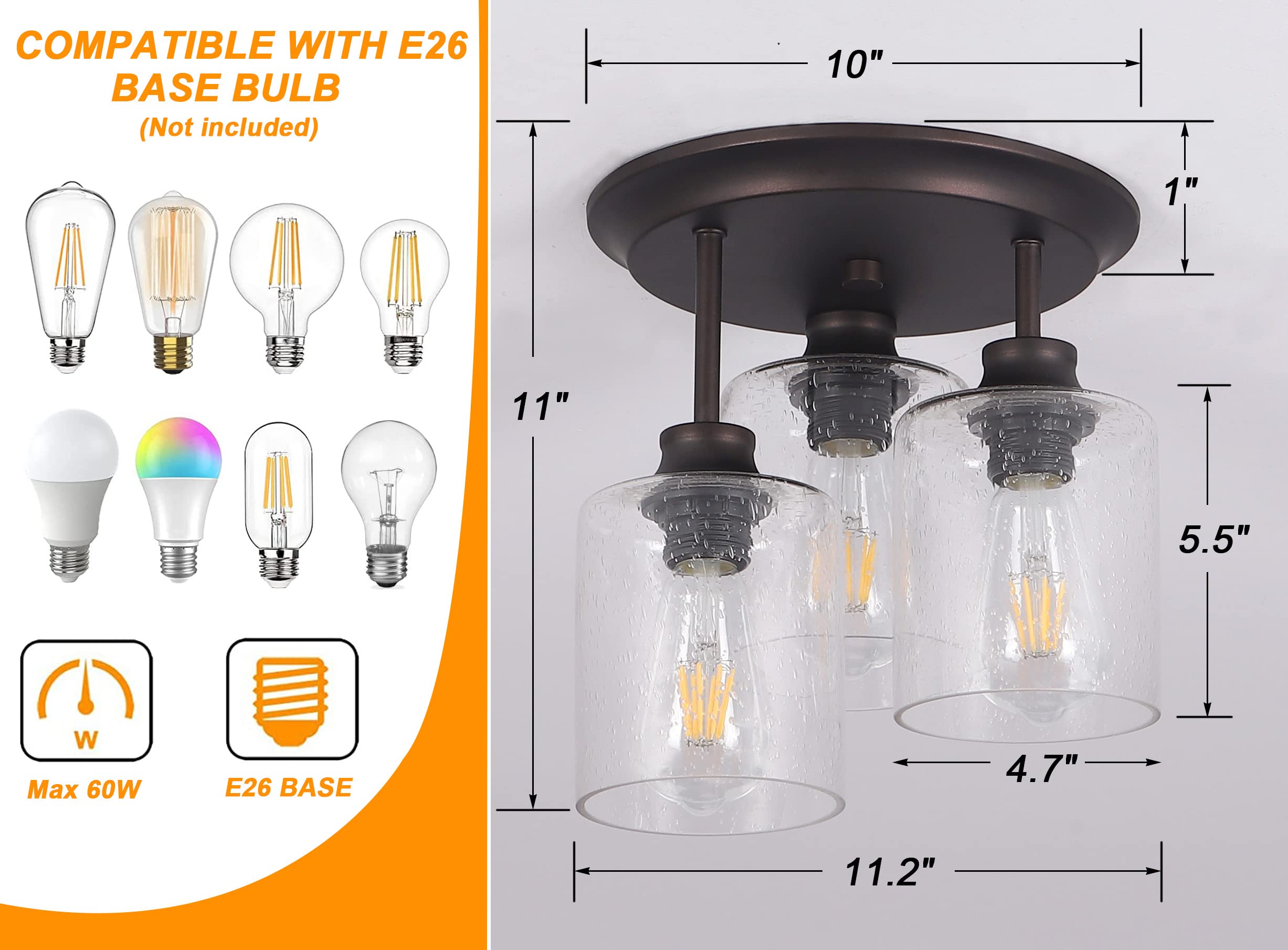 Winsmart Semi Flush Mount Ceiling Light With Seeded Glass Shades For Kitchen Hallway And Dining Room, 3-Lights Rustic Ceiling Li