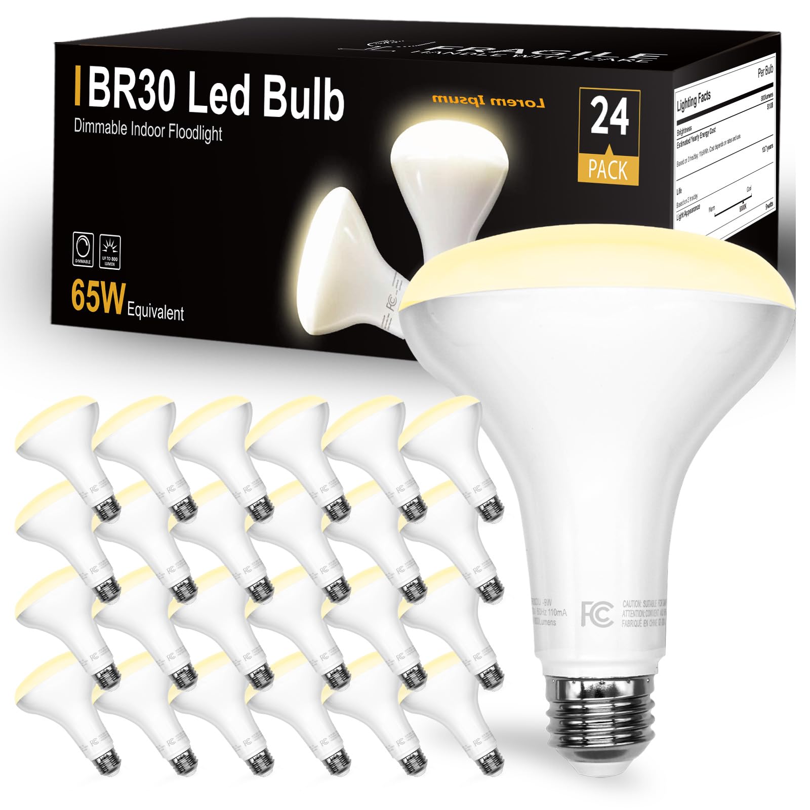 Daybetter Br30 Recessed Light Bulbs Equivelent 65W Dimmable Warm White 2700K, 24Pack Br30 Indoor Flood Light Bulbs 9W 120V, E26