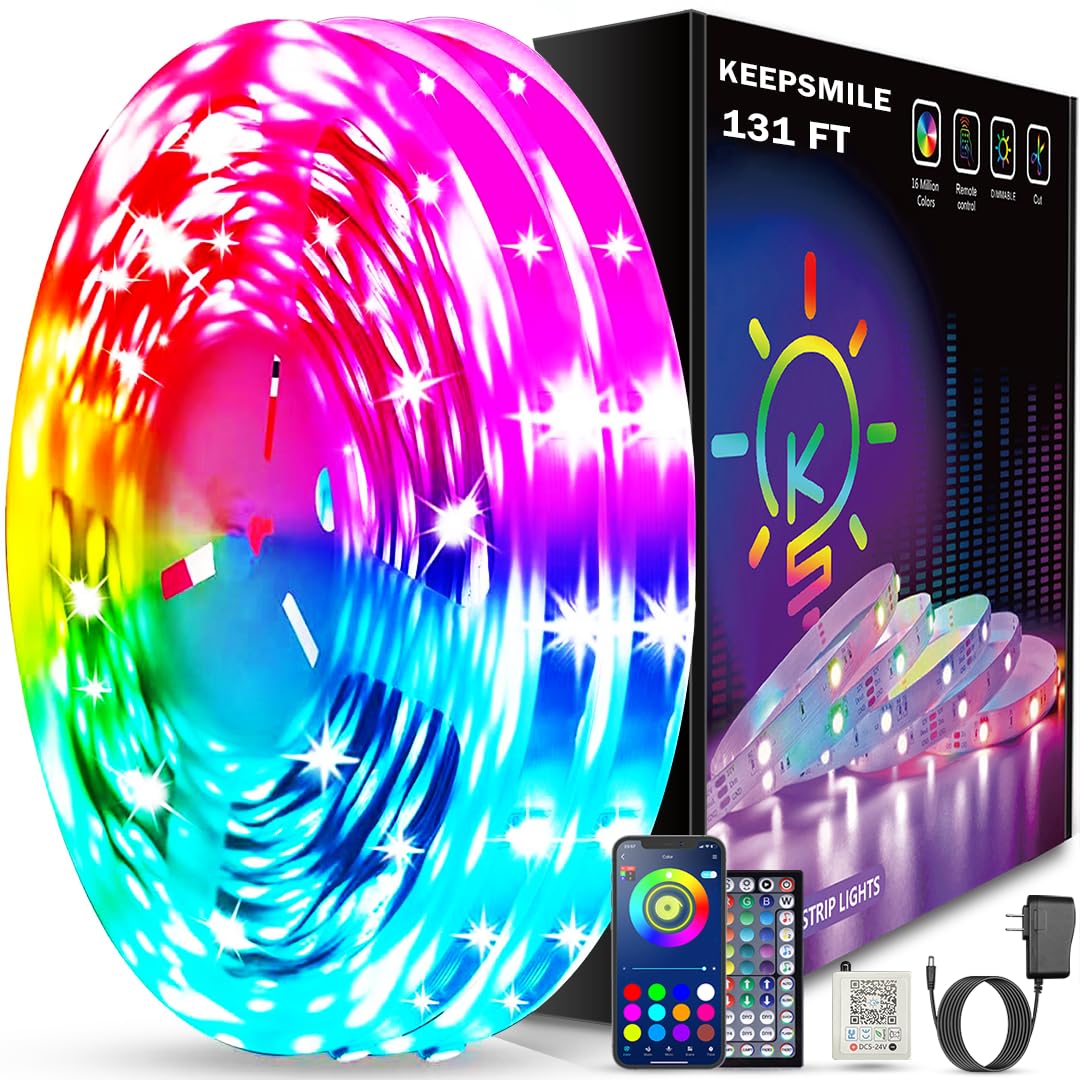 Keepsmile 131Ft Led Strip Lights (2 Rolls Of 65.5Ft) Bluetooth Smart App Control Rgb Led Light Strip With Remote,Music Sync Colo