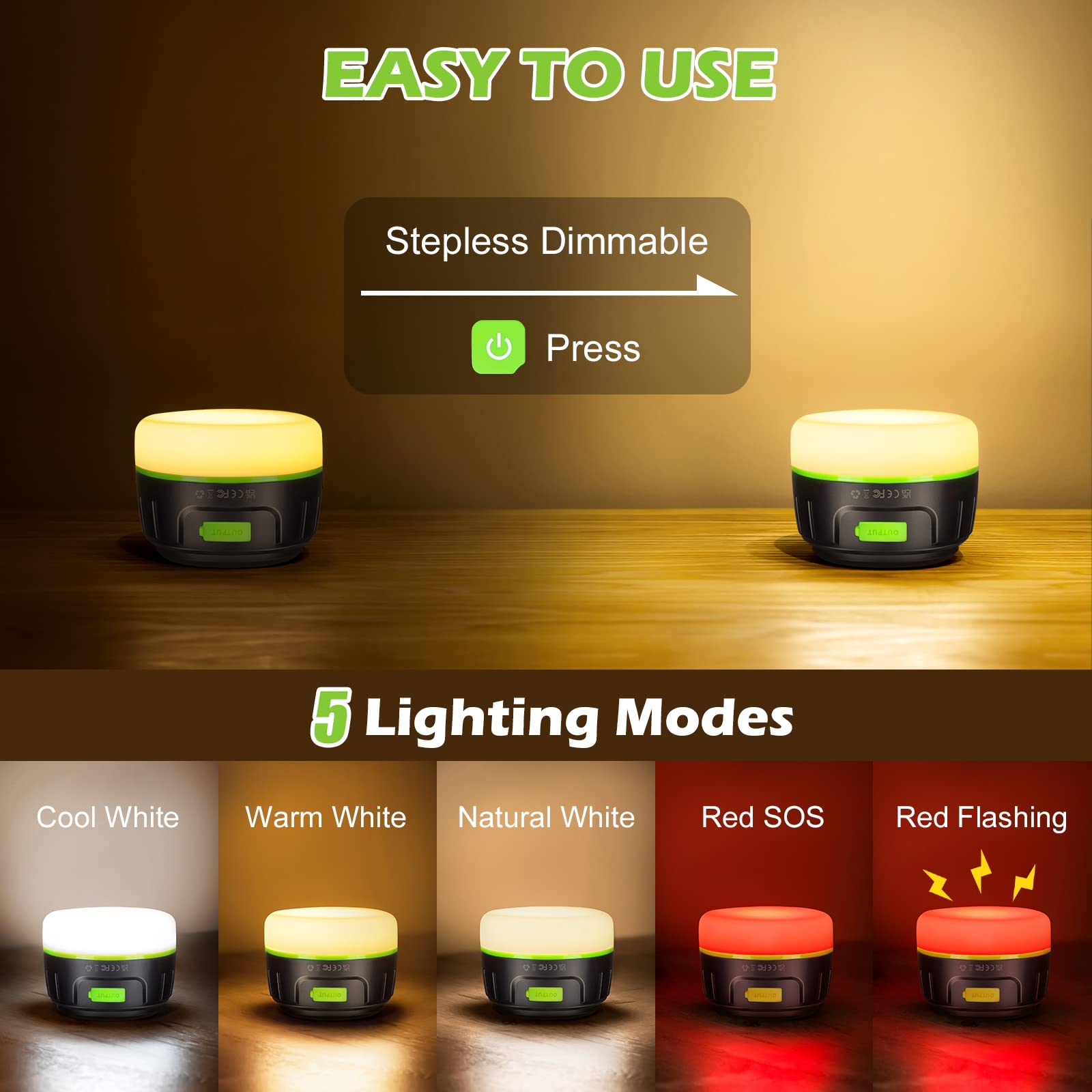 Sinvitron LED Camping Lantern - 1000LM, 150H Runtime, 5200mAh, Water-Resistant, 2-Pack, Black/Green, Model C5-P