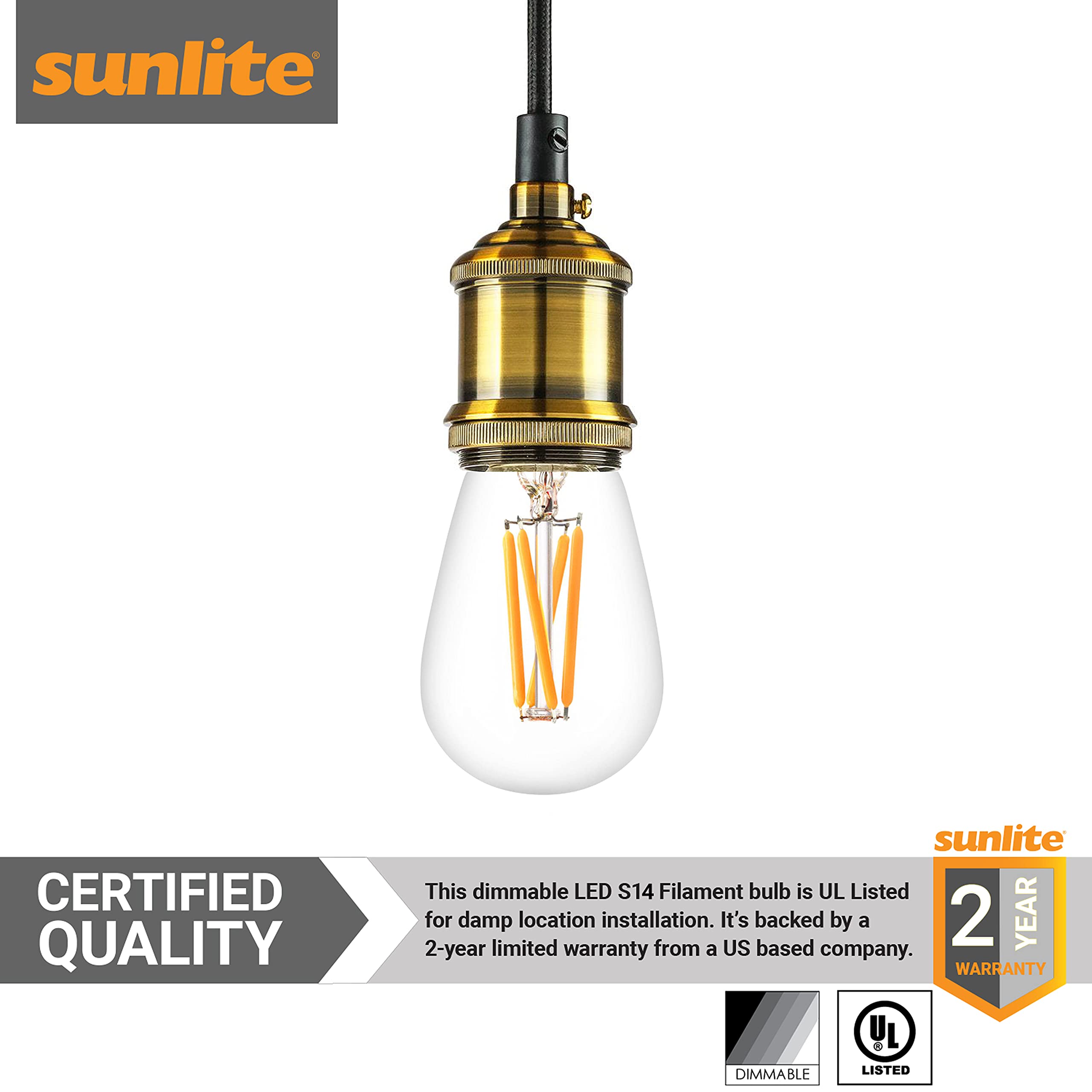 Sunlite 80474-Su Led S14 Filament Style Light Bulb, 4 Watt (25W Equivalent), 340 Lumens, 90 Cri, Medium Base (E26), Dimmable, Ul