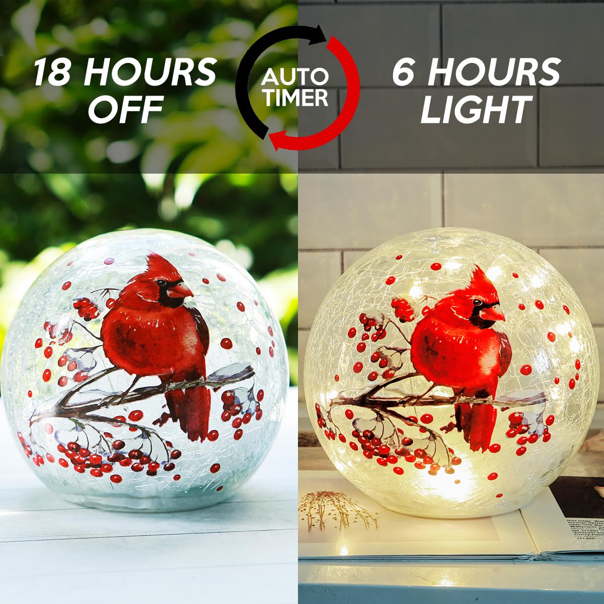 Kaowod Cordless Glass Ball Cardinal Lamp - 5" Clear Stained LED Night Light with Timer, Battery Operated Christmas Decor