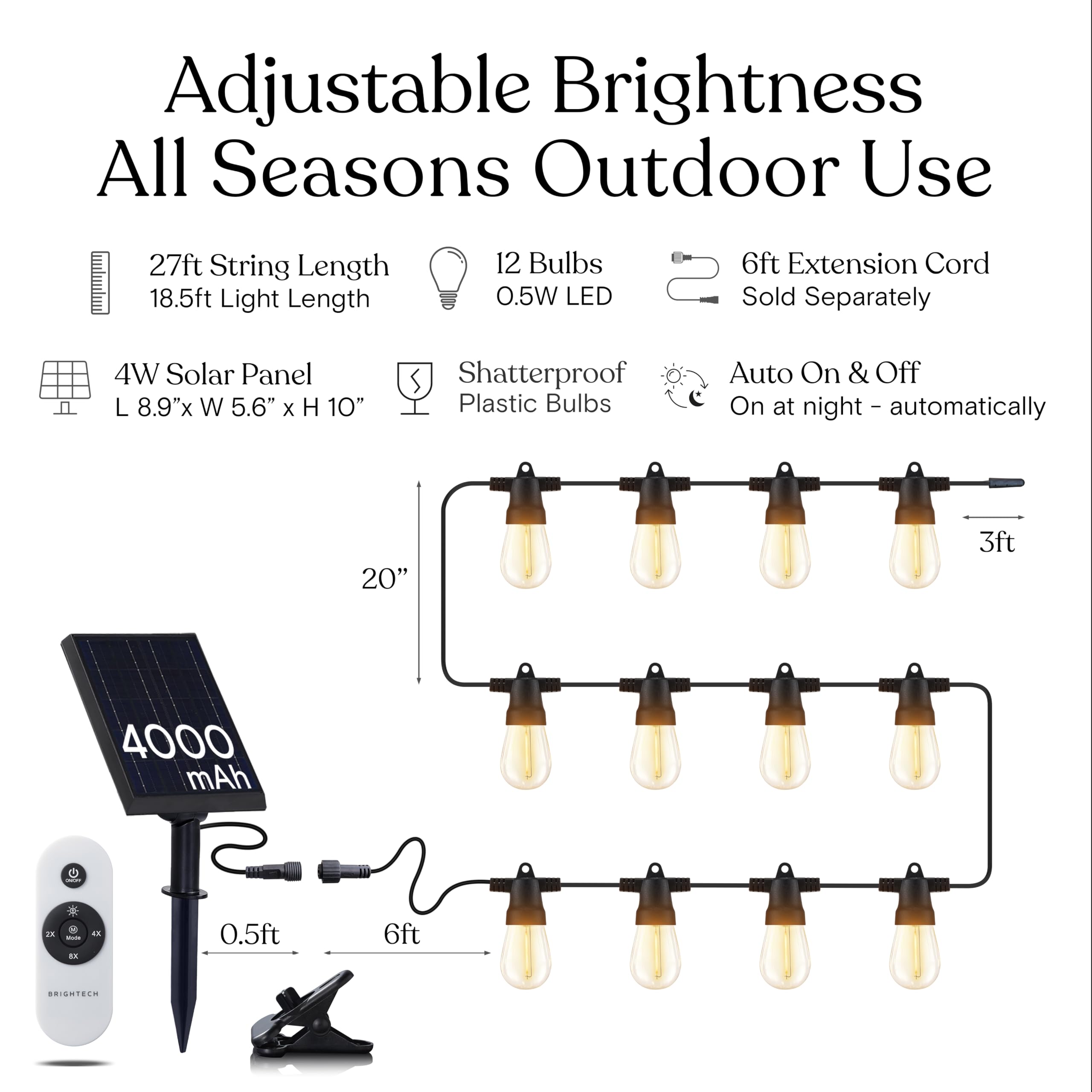 Brightech Ambience Pro 27Ft Solar String Lights, Super Bright 4W, Waterproof, 12 Shatterproof S14 Bulbs, Commercial Grade for Patios, Gardens