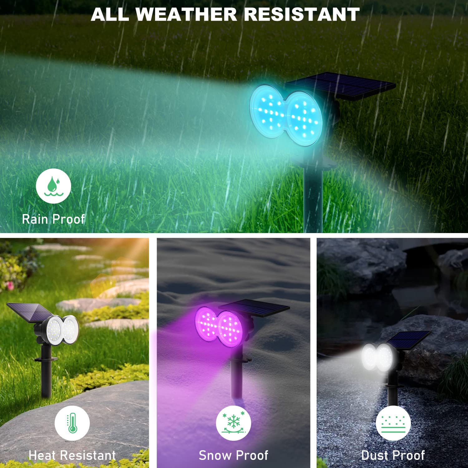K Kasonic Solar Spot Lights Outdoor, 8-Color Waterproof Led, Auto On/Off, 2 Pack