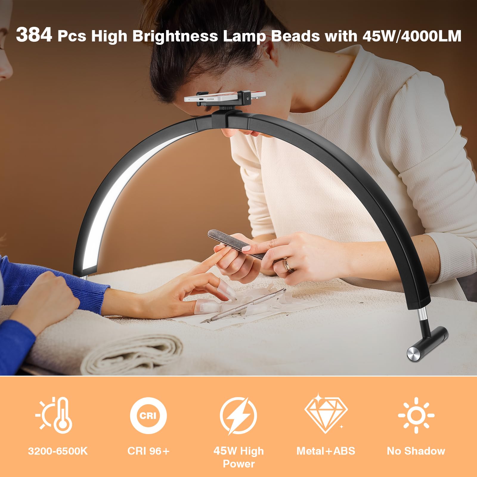 Mznoo Half Moon Nail Desk Light, 45W Dimmable, 30in, Black, Phone Holder, 3200K-6500K, Model MZ-DL30