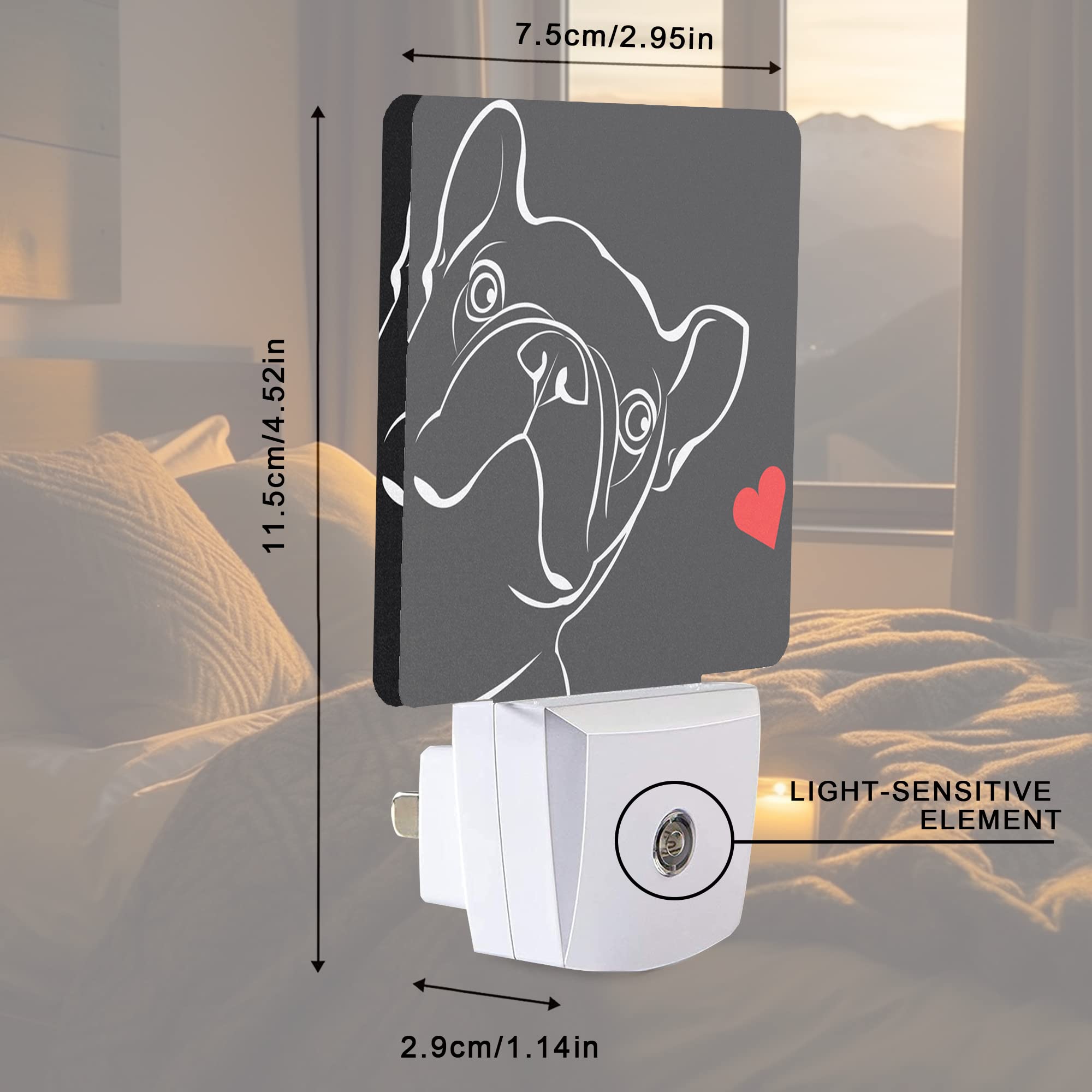 Smoaffly LED Night Light Plug-in Dusk-to-Dawn Lamp for Nursery, French Bulldog Dog Red Heart, Model XD-FXYD-LST05