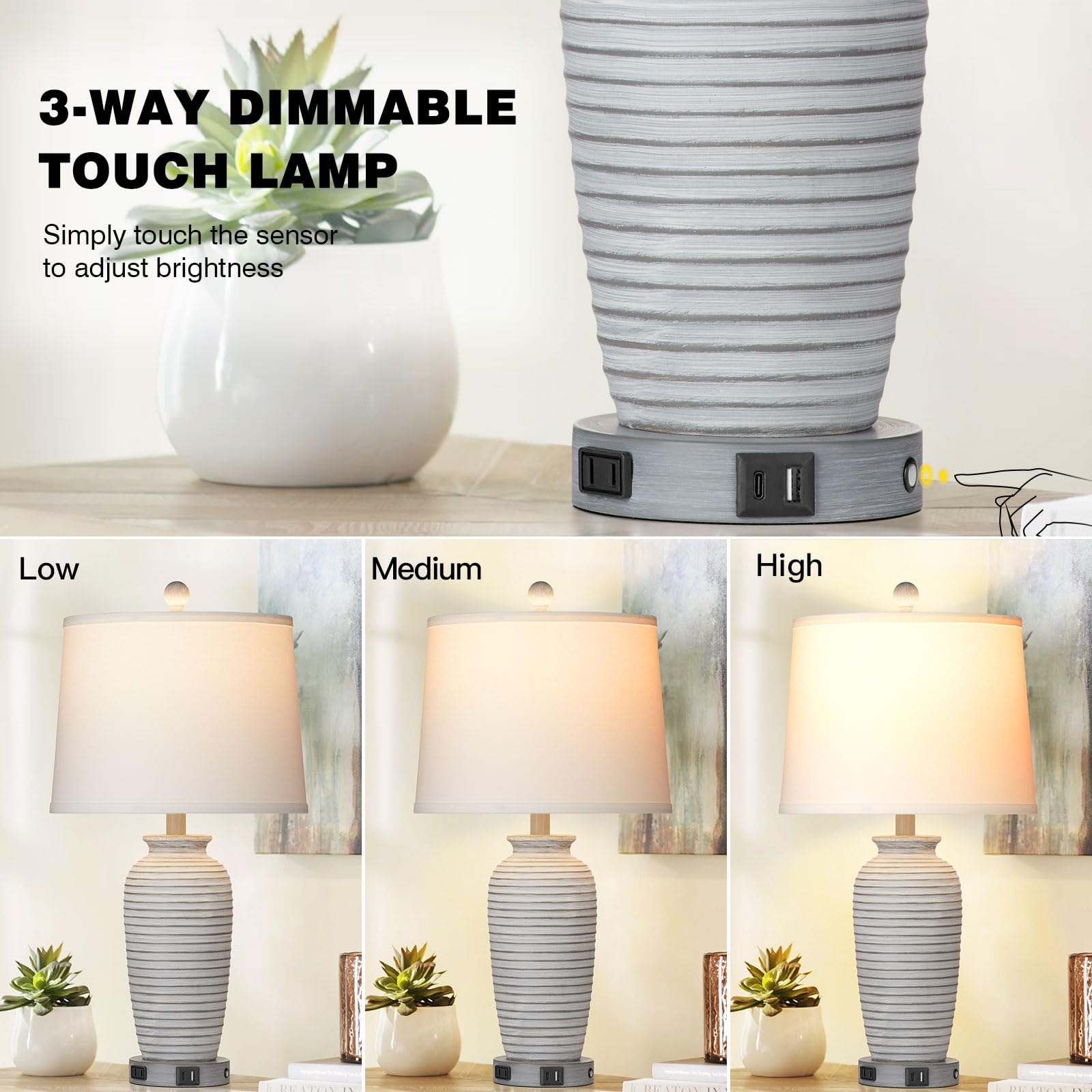 CINSARY 25" Farmhouse Jar Table Lamps Set of 2, Grey & White, Touch Control with USB Ports & AC Outlet, LED Bulbs Included