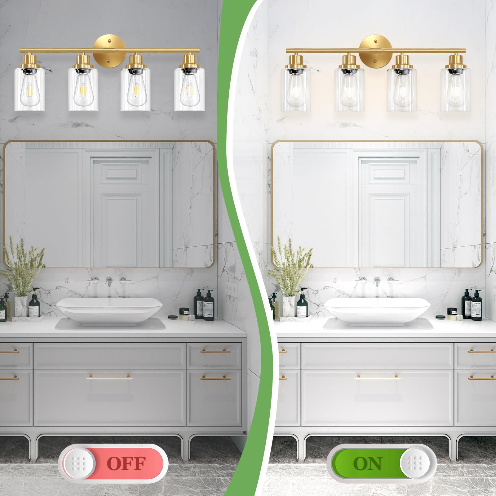 Guliaofo 4-Light Gold Bathroom Vanity Light Fixture, E26 Modern Metal Wall Sconce with Clear Glass Shade, Model Gu-111-QGJ-4