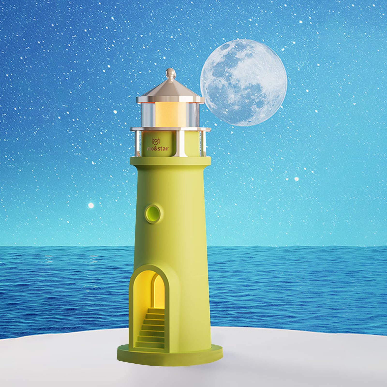 AVEKI Lighthouse Night Light, Cute Moon Projection Lighthouse Lamp with Bluetooth Speaker, 3 Levels Dimmable Wireless Table Lamp