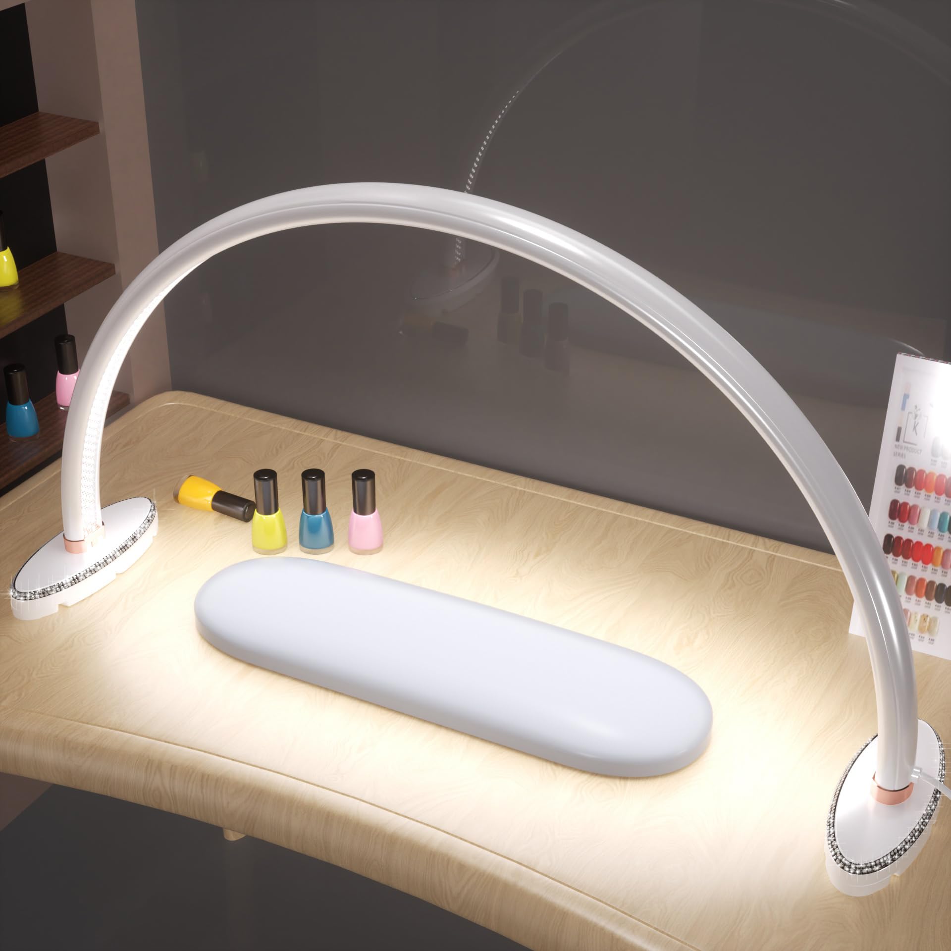 welltell Half Moon Light for Nail Desk, Brightness Adjustable, 24in White, Model HML-410-510-625