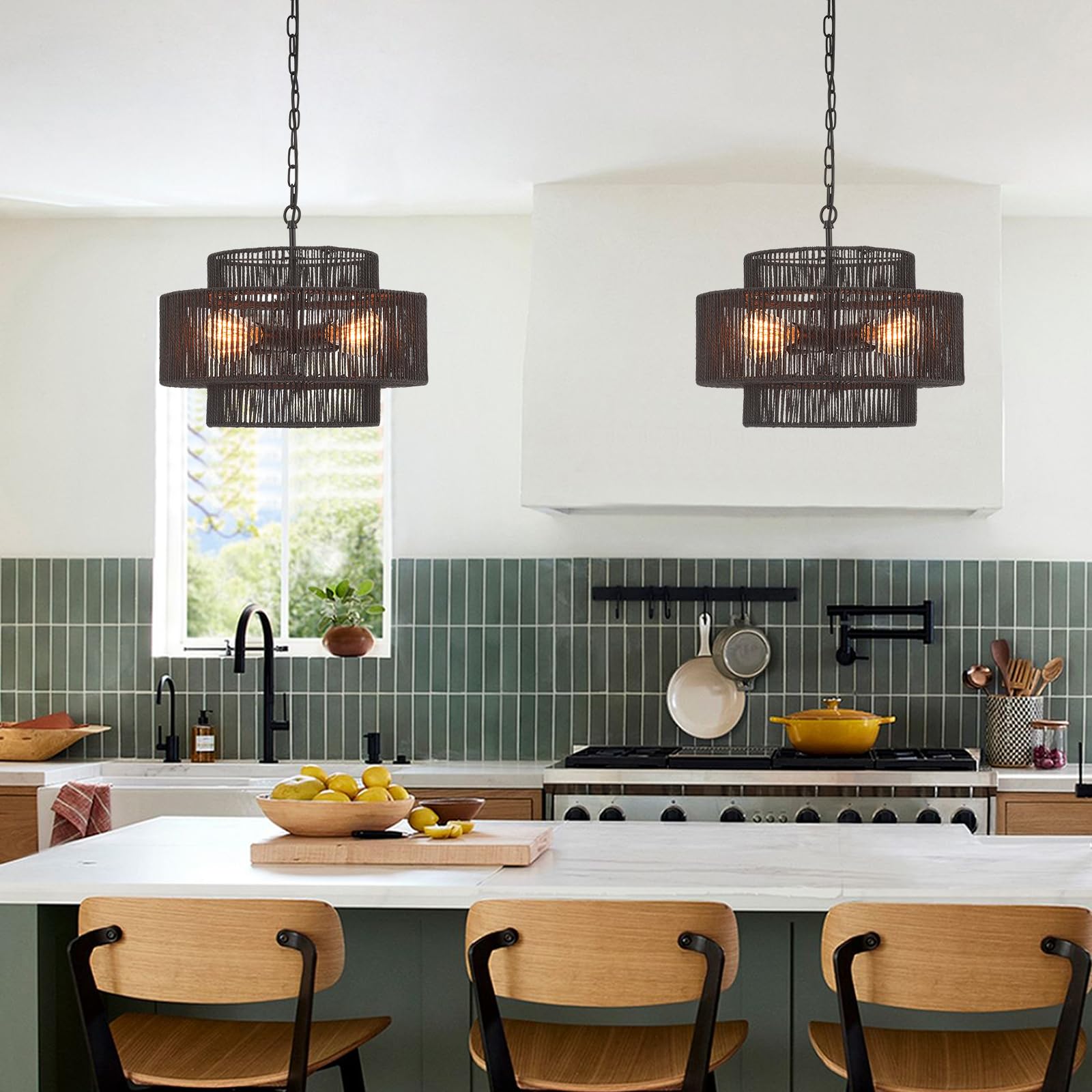 Widluth 17.7&quot; Rattan Chandelier Light Fixture Vintage 4-Lights Farmhouse Boho Hand-Woven Bamboo Chandelier Retro 3-Tier Drum Wicker Rattan Black Chandelier For Dining Room, Kitchen, Bedroom